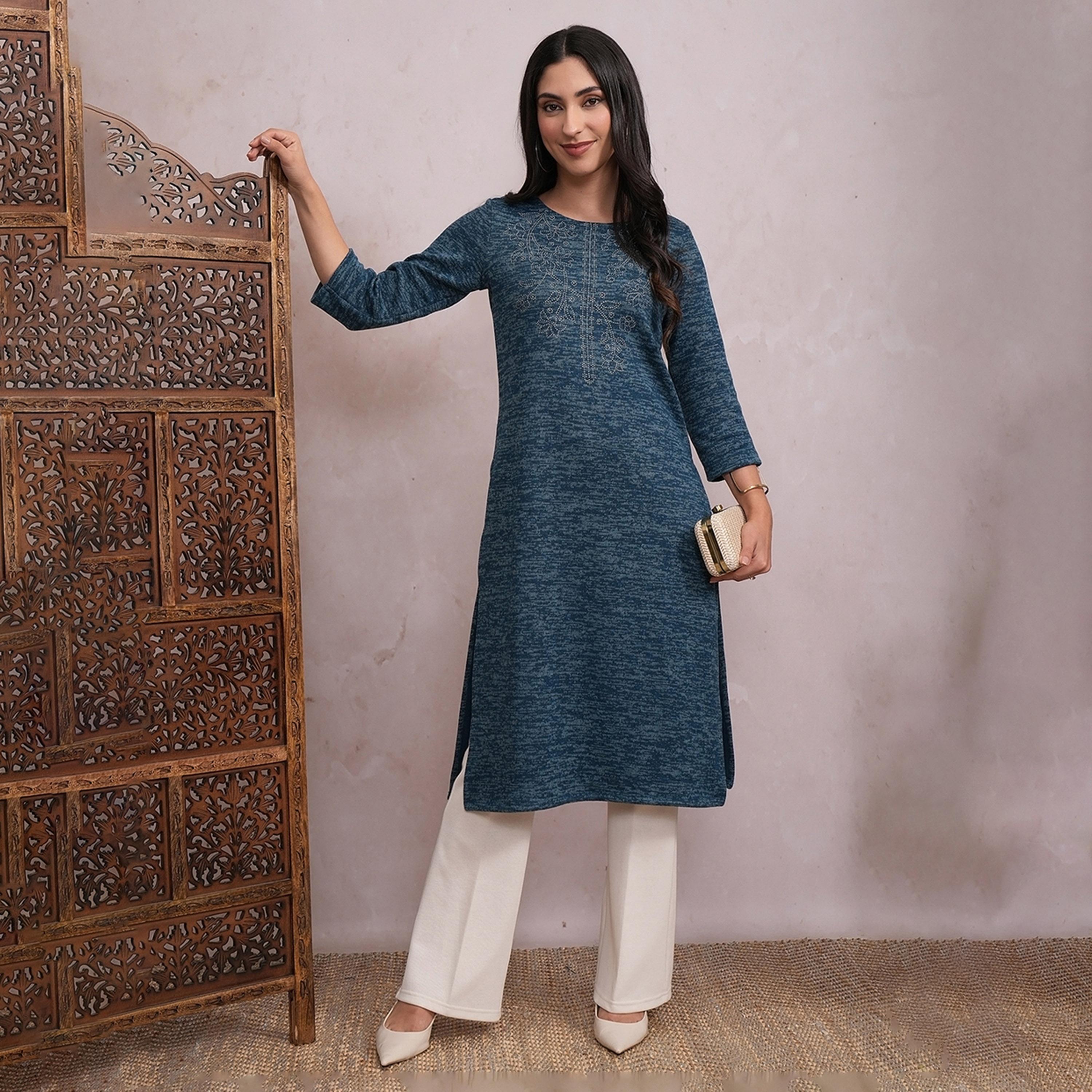 Vishudh X Styli Teal Blue Abstract Printed Sequined Straight Kurta-women-clothing-ethnicwear-kurtas-image-1