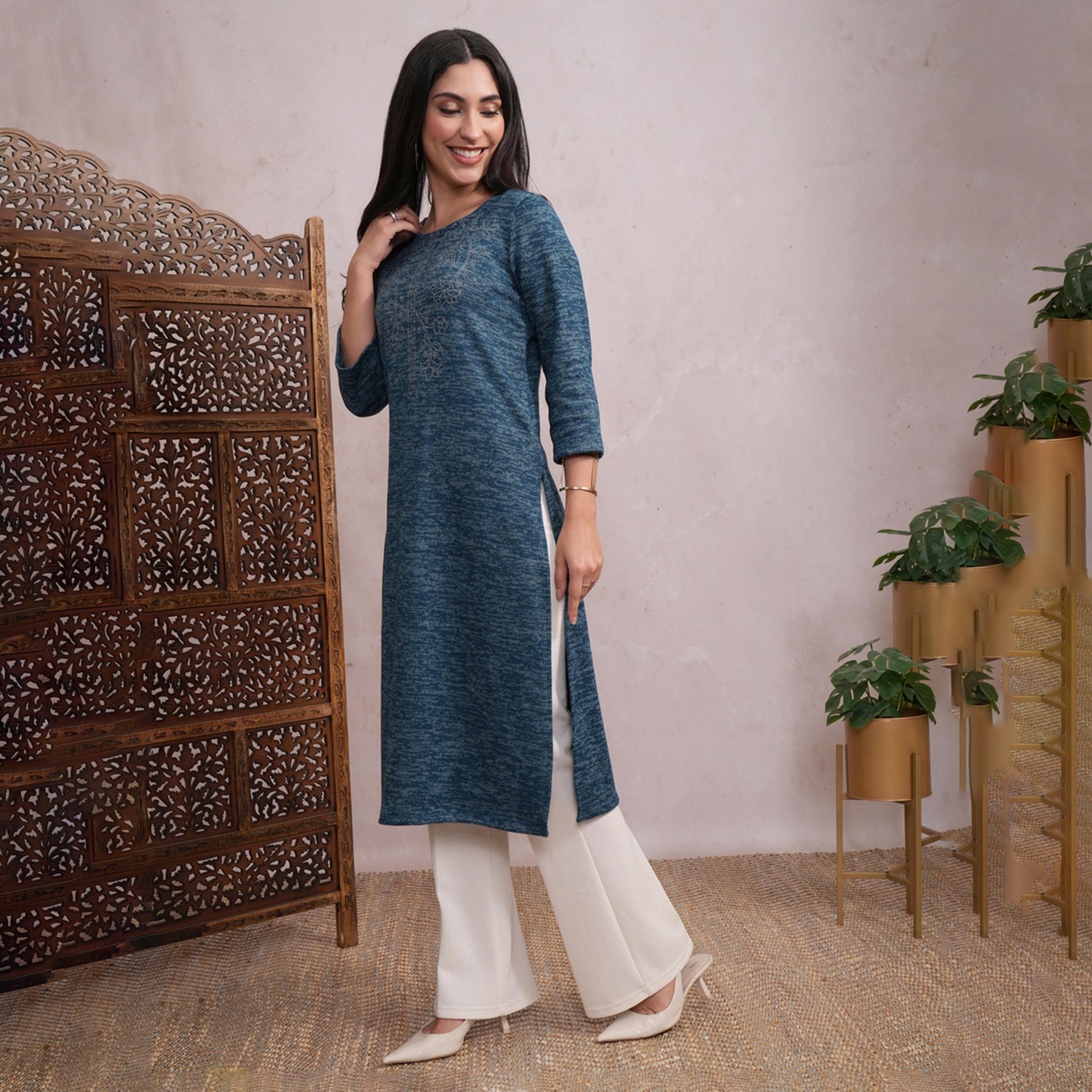 Vishudh X Styli Teal Blue Abstract Printed Sequined Straight Kurta-women-clothing-ethnicwear-kurtas-image-2