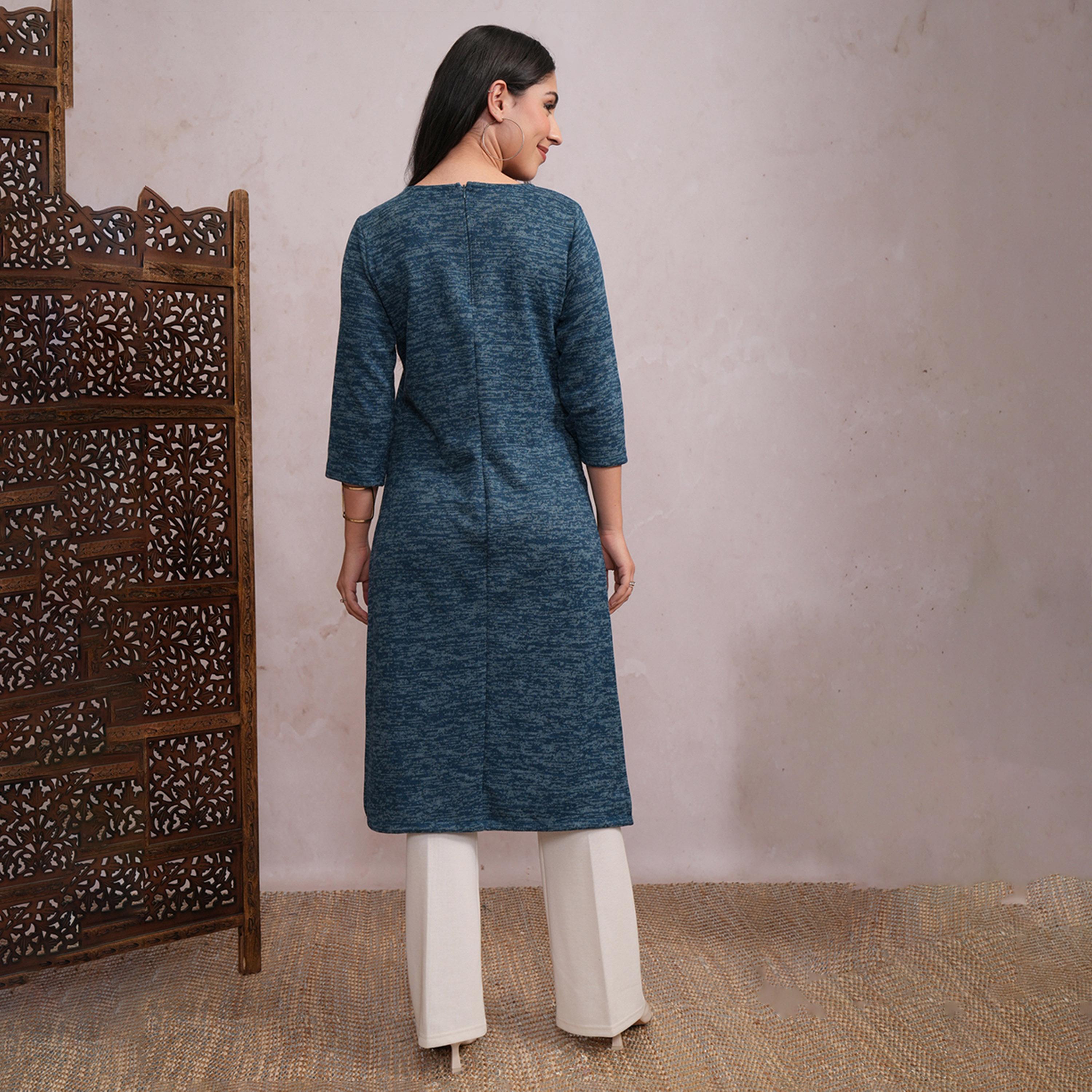 Vishudh X Styli Teal Blue Abstract Printed Sequined Straight Kurta-women-clothing-ethnicwear-kurtas-image-3