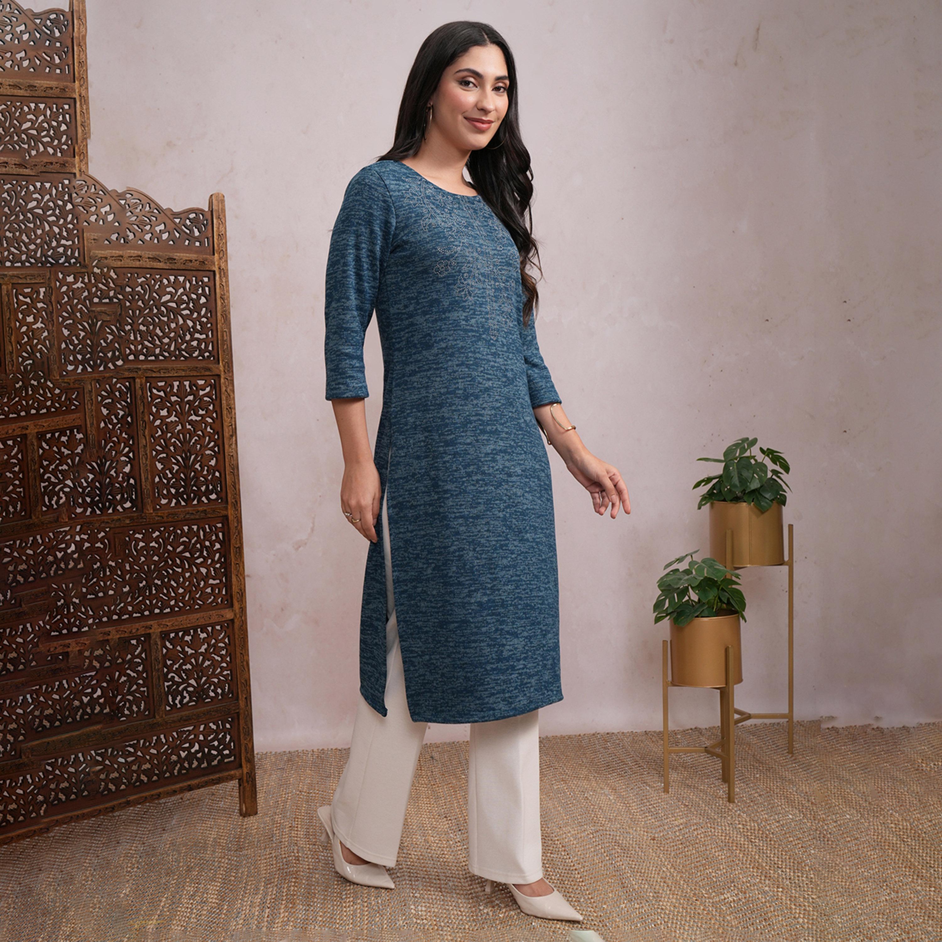 Vishudh X Styli Teal Blue Abstract Printed Sequined Straight Kurta-women-clothing-ethnicwear-kurtas-image-4