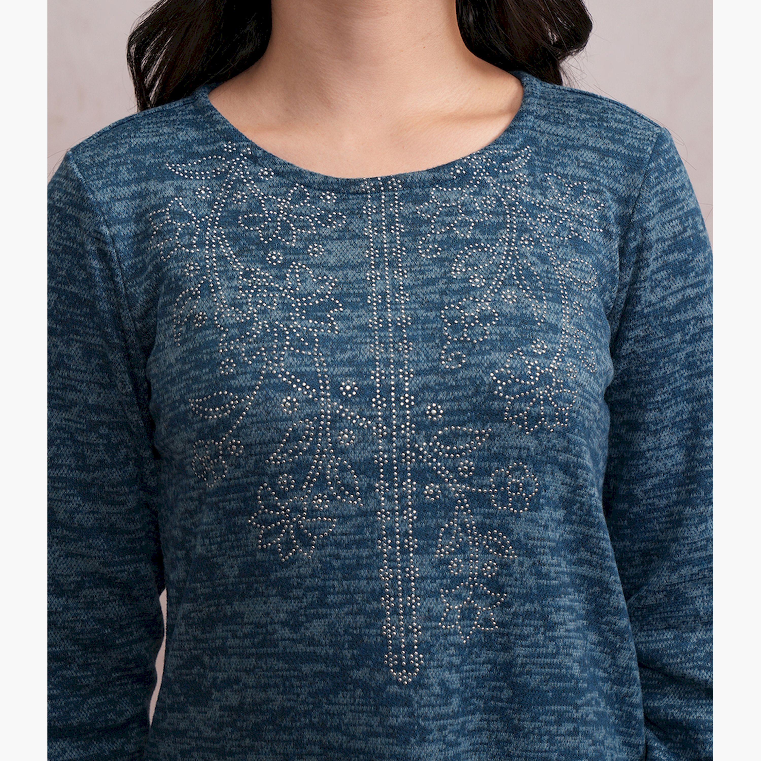 فيشود × ستايلي - كورتا مستقيمة بطبعة مجردة ومزينة بالترتر - أزرق مخضر-women-clothing-ethnicwear-kurtas-image-5