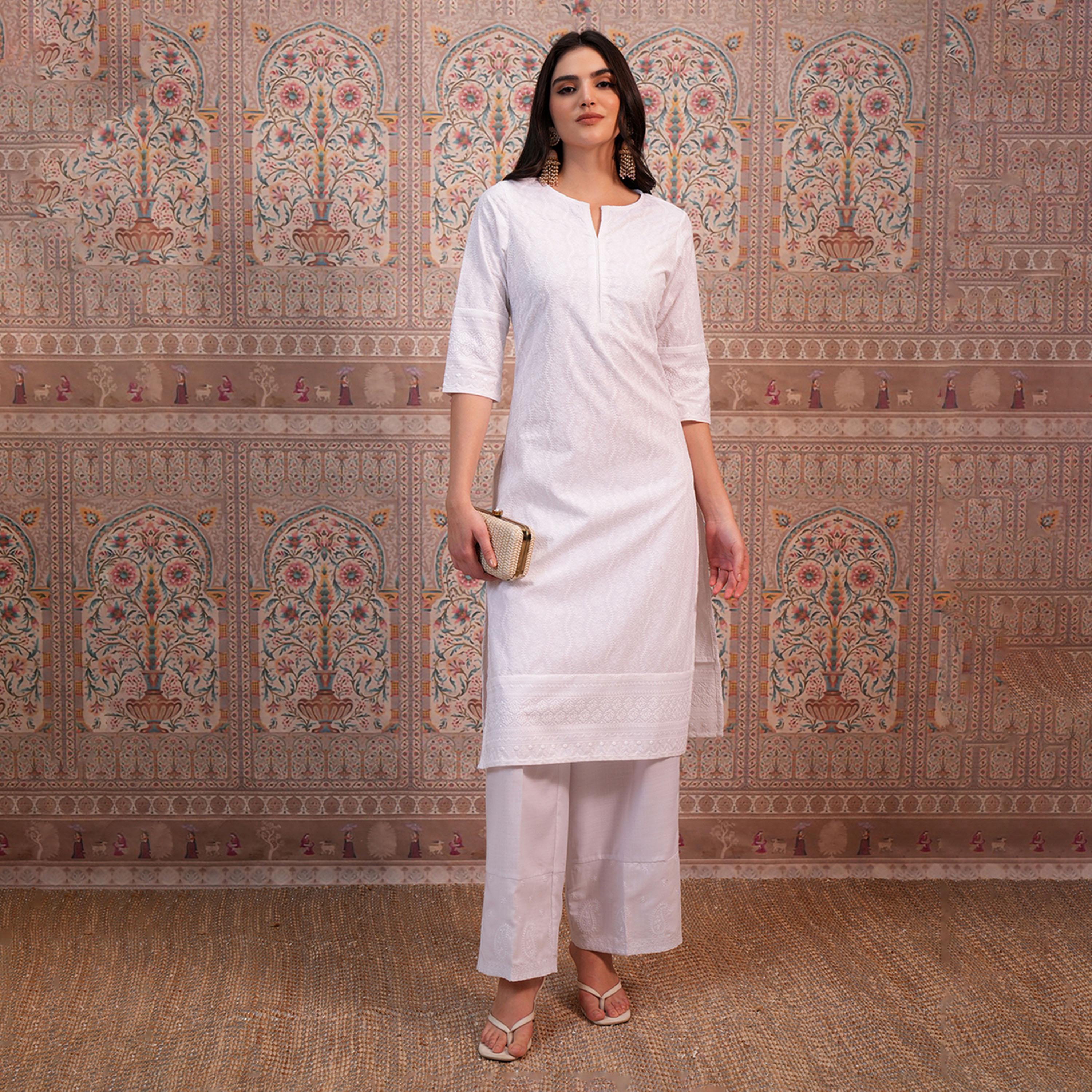 Vishudh X Styli White Ethnic Motifs Embroidered Thread Work Straight Kurta-women-clothing-ethnicwear-kurtas-image-1