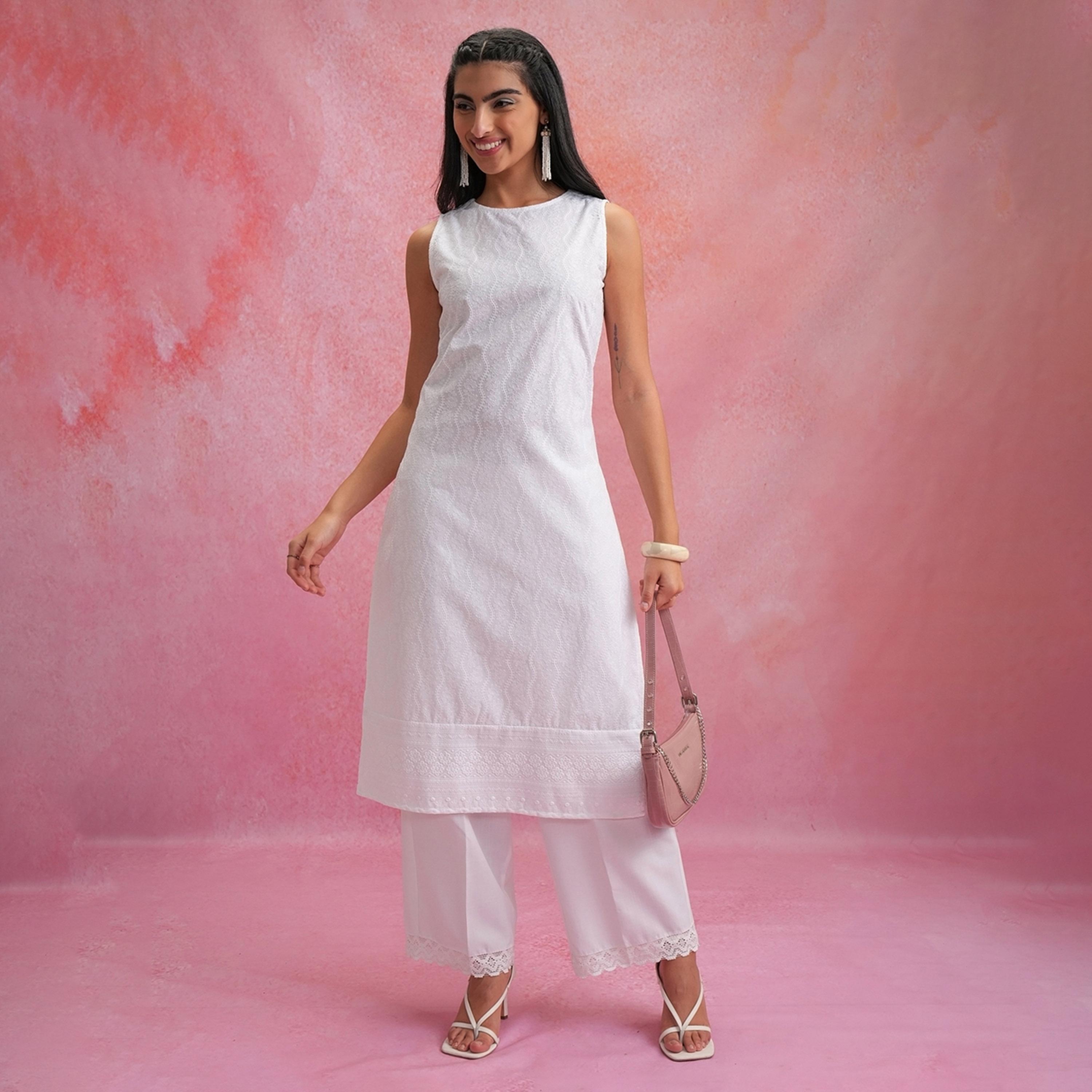 Vishudh X Styli White Round Neck Sleeveless Thread Work Kurta-women-clothing-ethnicwear-kurtas-image-1