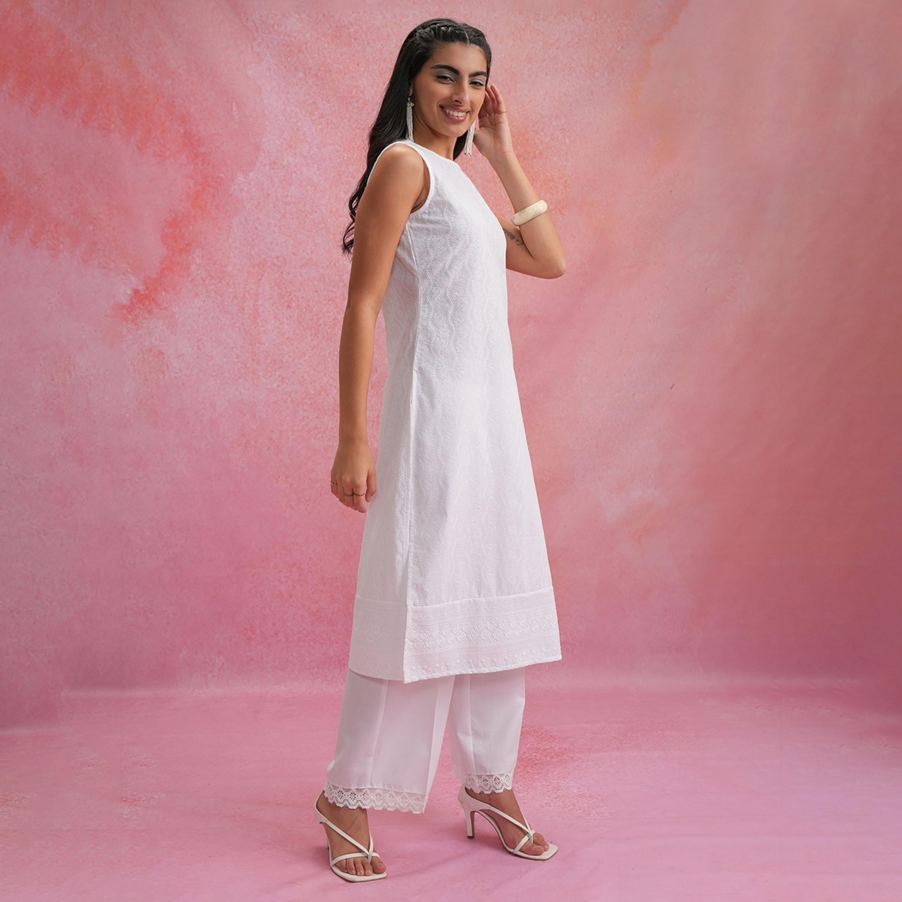 Vishudh X Styli White Round Neck Sleeveless Thread Work Kurta-women-clothing-ethnicwear-kurtas-image-4