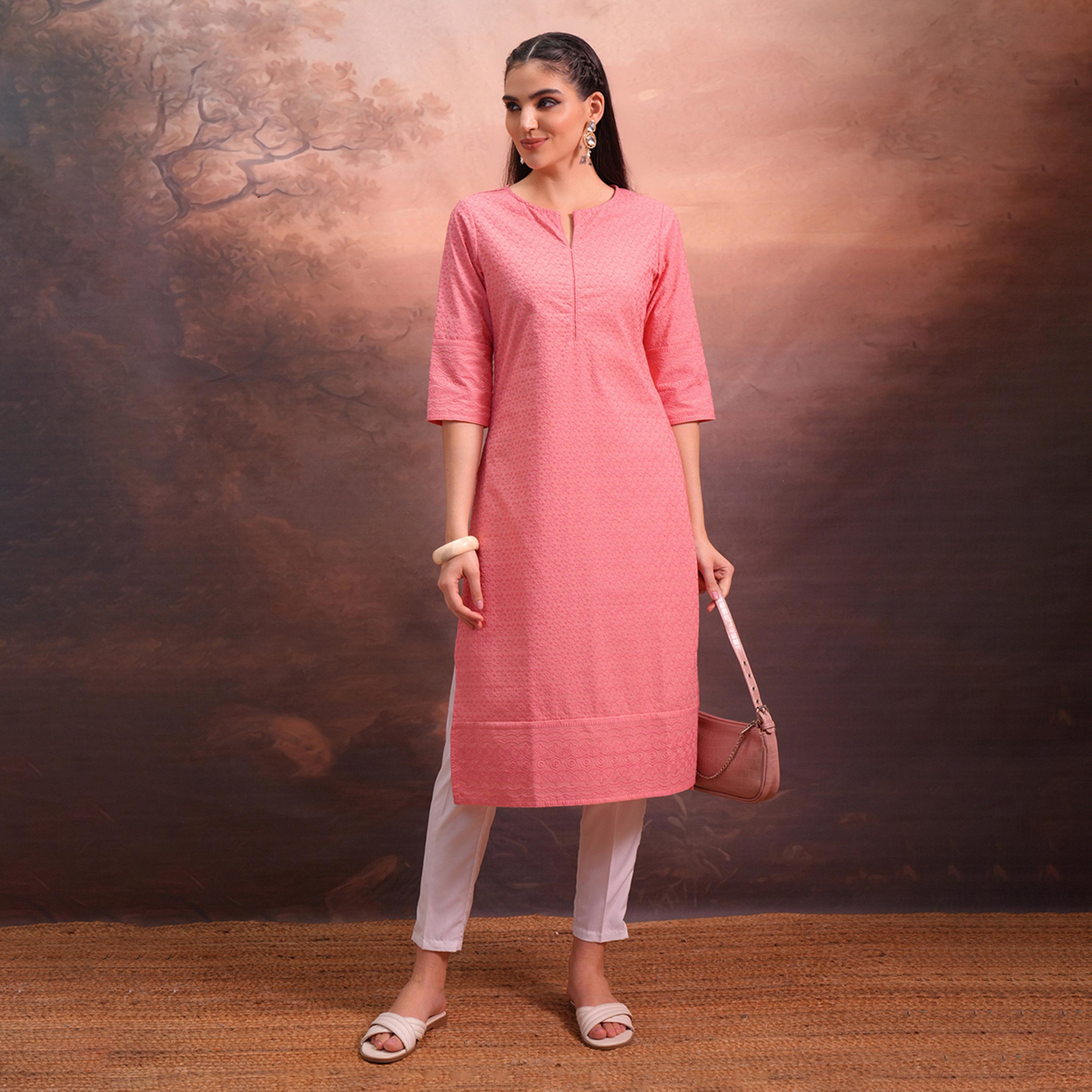 Vishudh X Styli Pink Floral Embroidered Straight Kurta-women-clothing-ethnicwear-kurtas-image-1