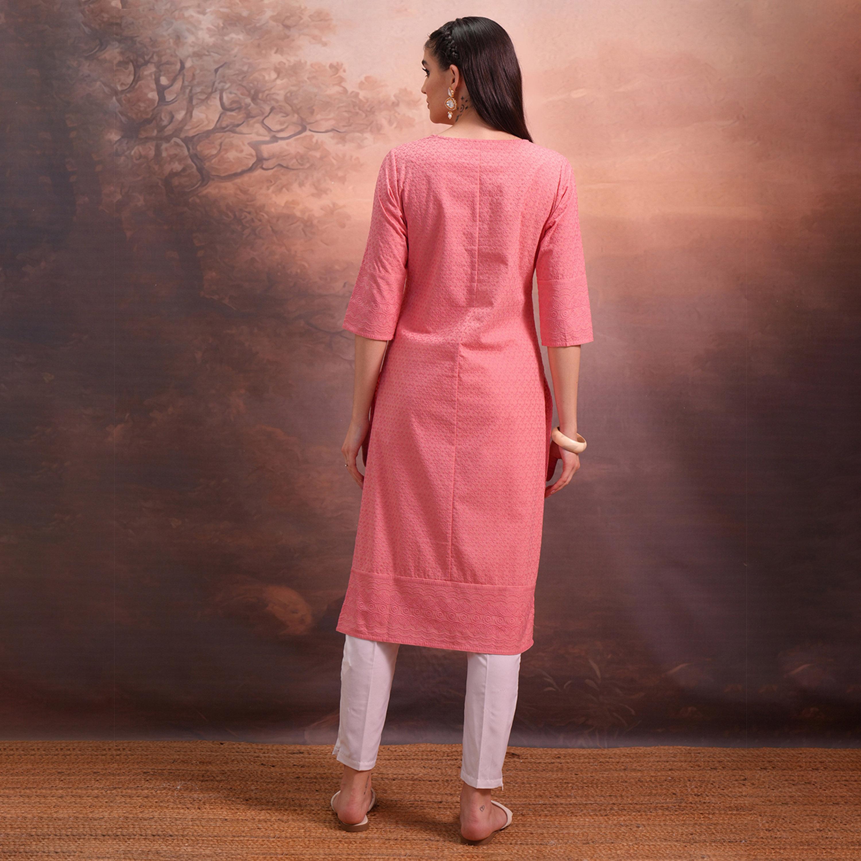 Vishudh X Styli Pink Floral Embroidered Straight Kurta-women-clothing-ethnicwear-kurtas-image-3