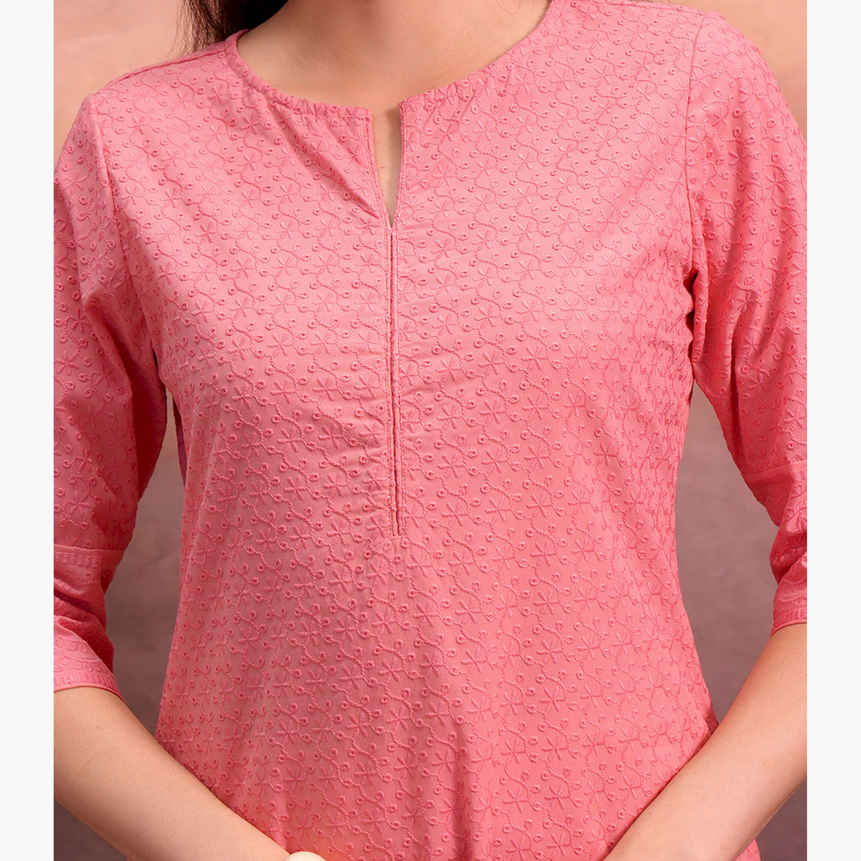 Vishudh X Styli Pink Floral Embroidered Straight Kurta-women-clothing-ethnicwear-kurtas-image-5