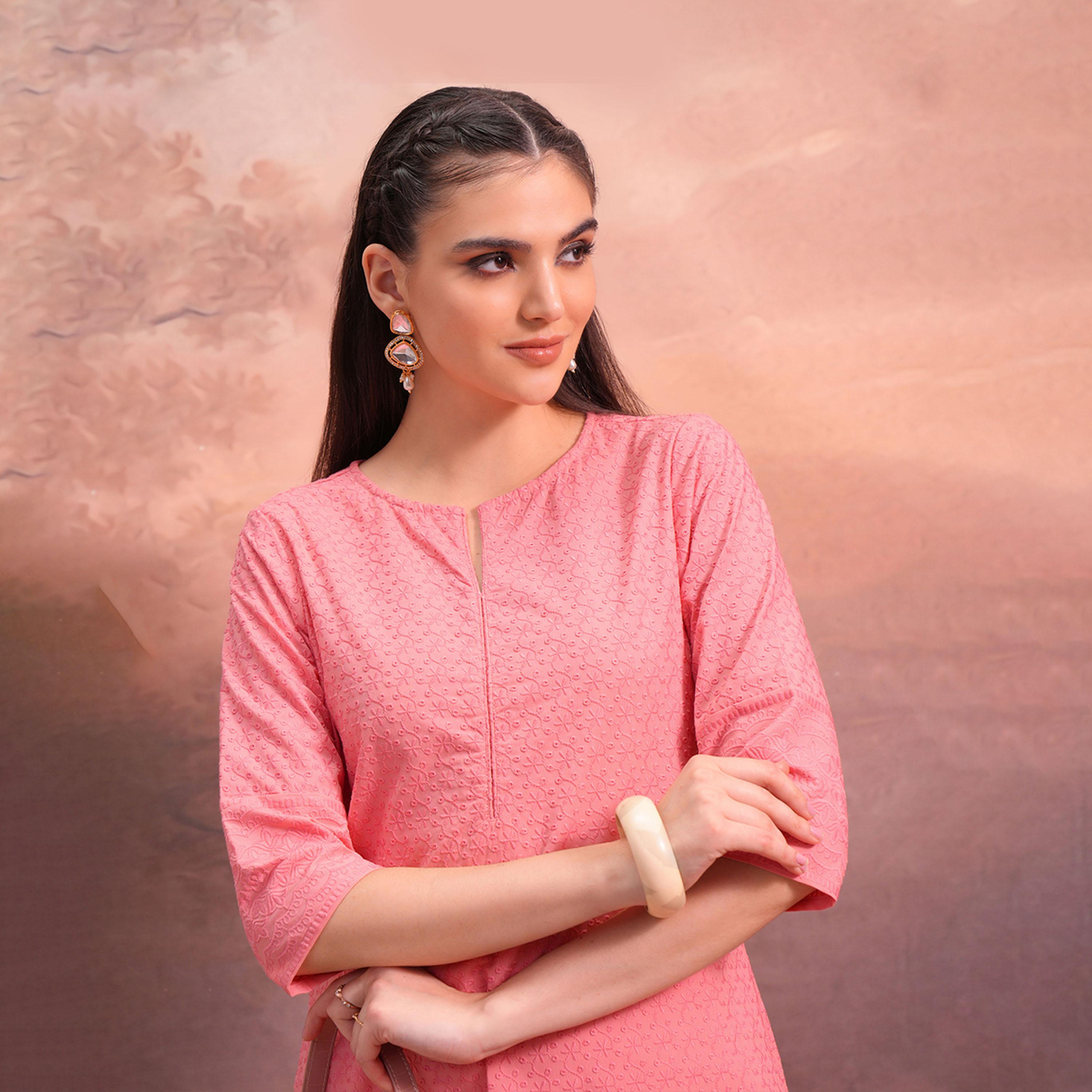 فيشود × ستايلي - كورتا مستقيمة مطرزة بالزهور - وردي-women-clothing-ethnicwear-kurtas-image-6