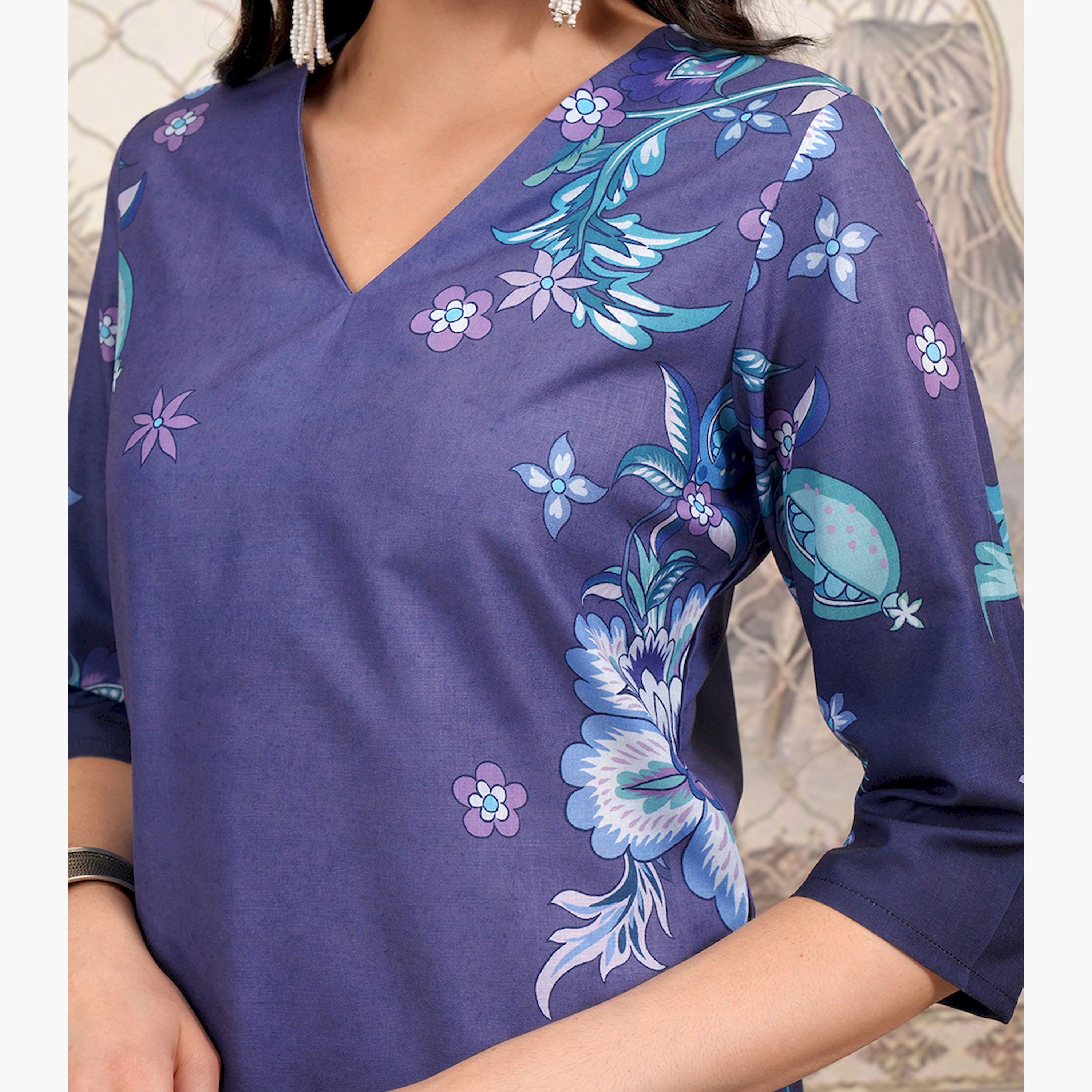 Vishudh X Styli Purple Floral Printed Straight Kurta-women-clothing-ethnicwear-kurtas-image-5