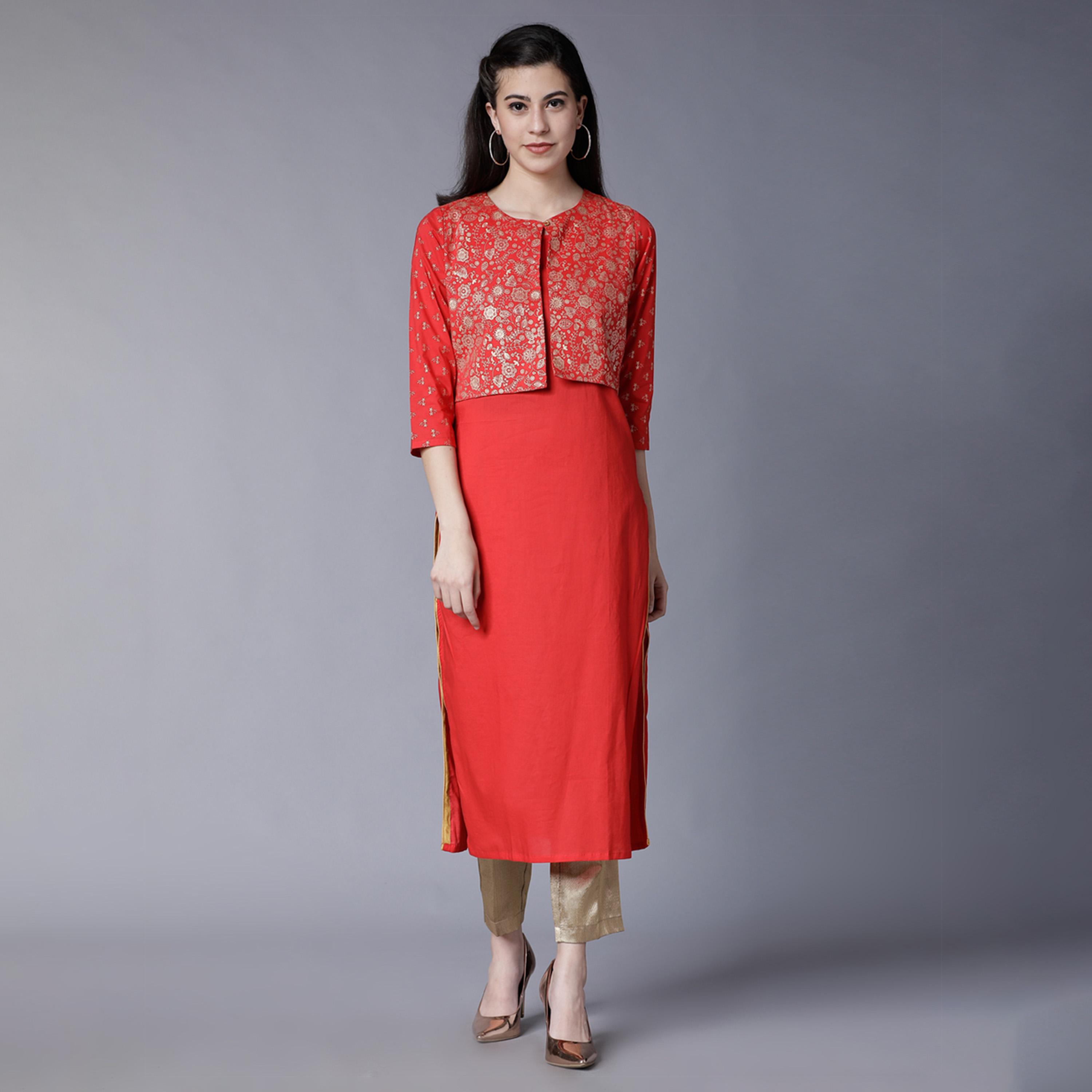 فيشود × ستايلي - كورتا قطنية مستقيمة بطبعة فويل مع جاكيت قصير - أحمر-women-clothing-ethnicwear-kurtas-image-1