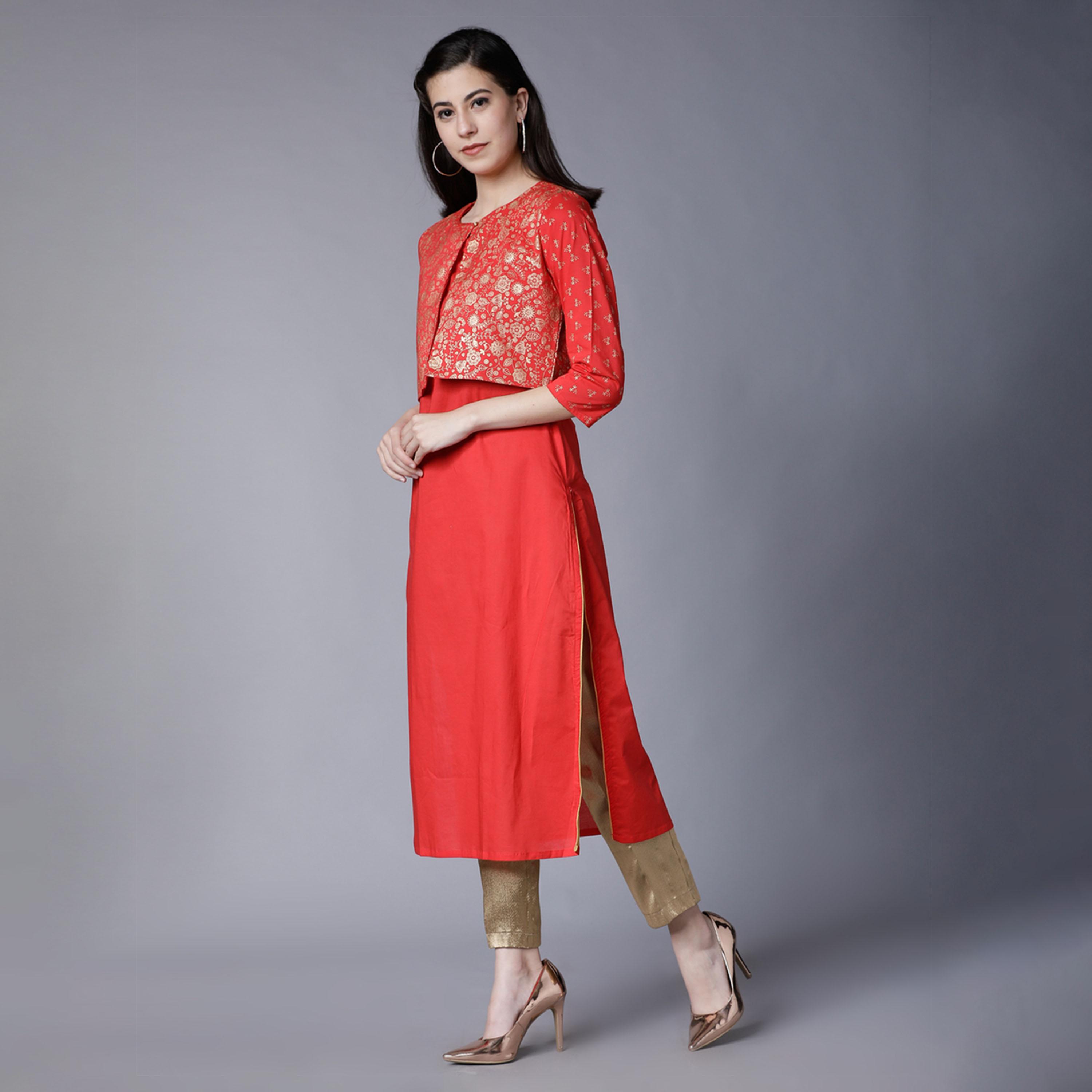 فيشود × ستايلي - كورتا قطنية مستقيمة بطبعة فويل مع جاكيت قصير - أحمر-women-clothing-ethnicwear-kurtas-image-2