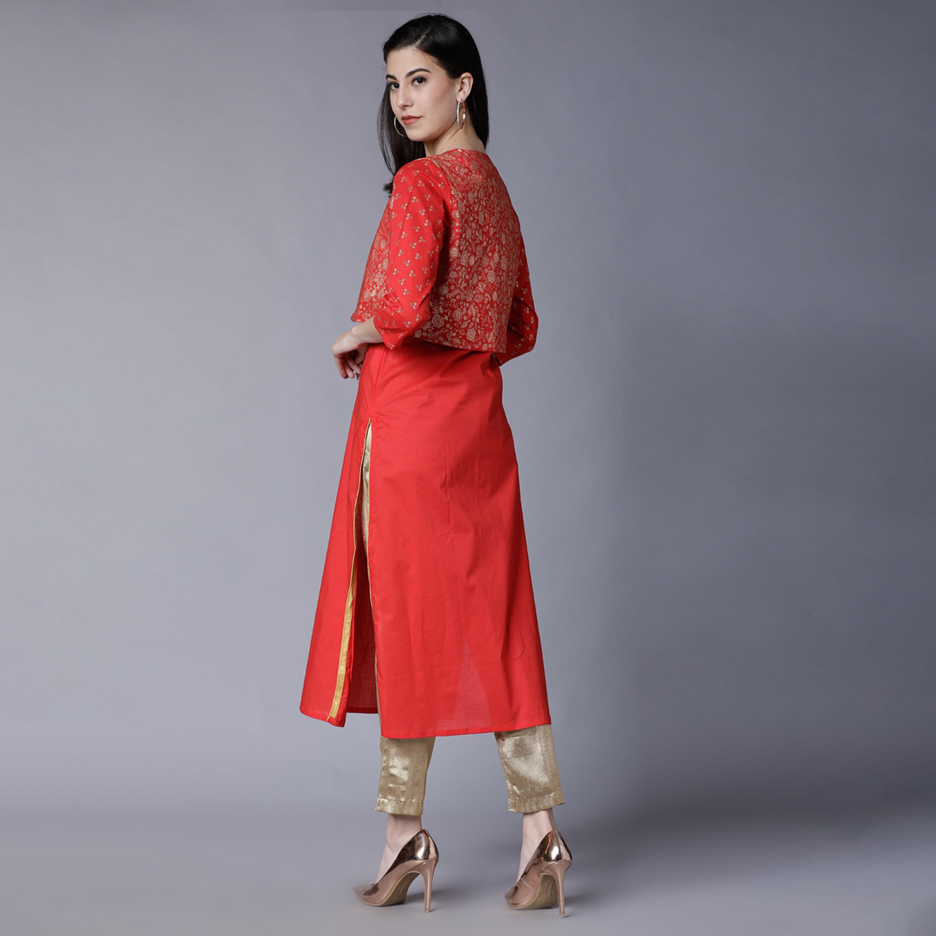 فيشود × ستايلي - كورتا قطنية مستقيمة بطبعة فويل مع جاكيت قصير - أحمر-women-clothing-ethnicwear-kurtas-image-3