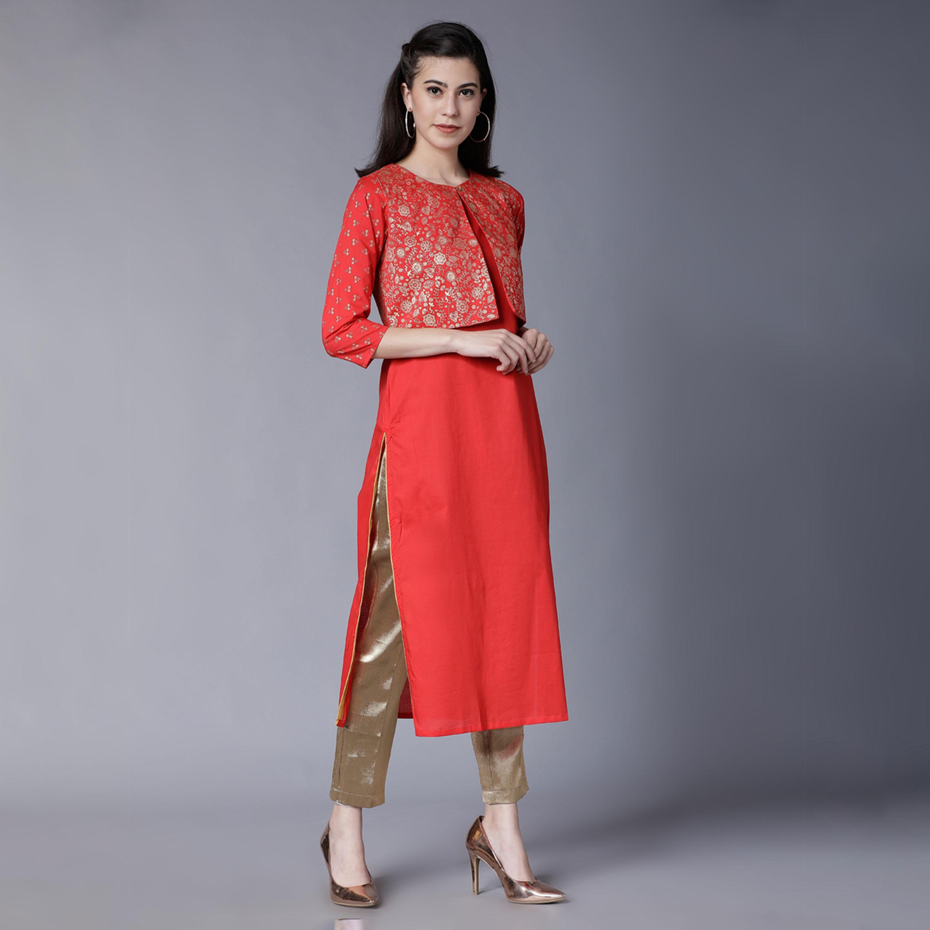 فيشود × ستايلي - كورتا قطنية مستقيمة بطبعة فويل مع جاكيت قصير - أحمر-women-clothing-ethnicwear-kurtas-image-4