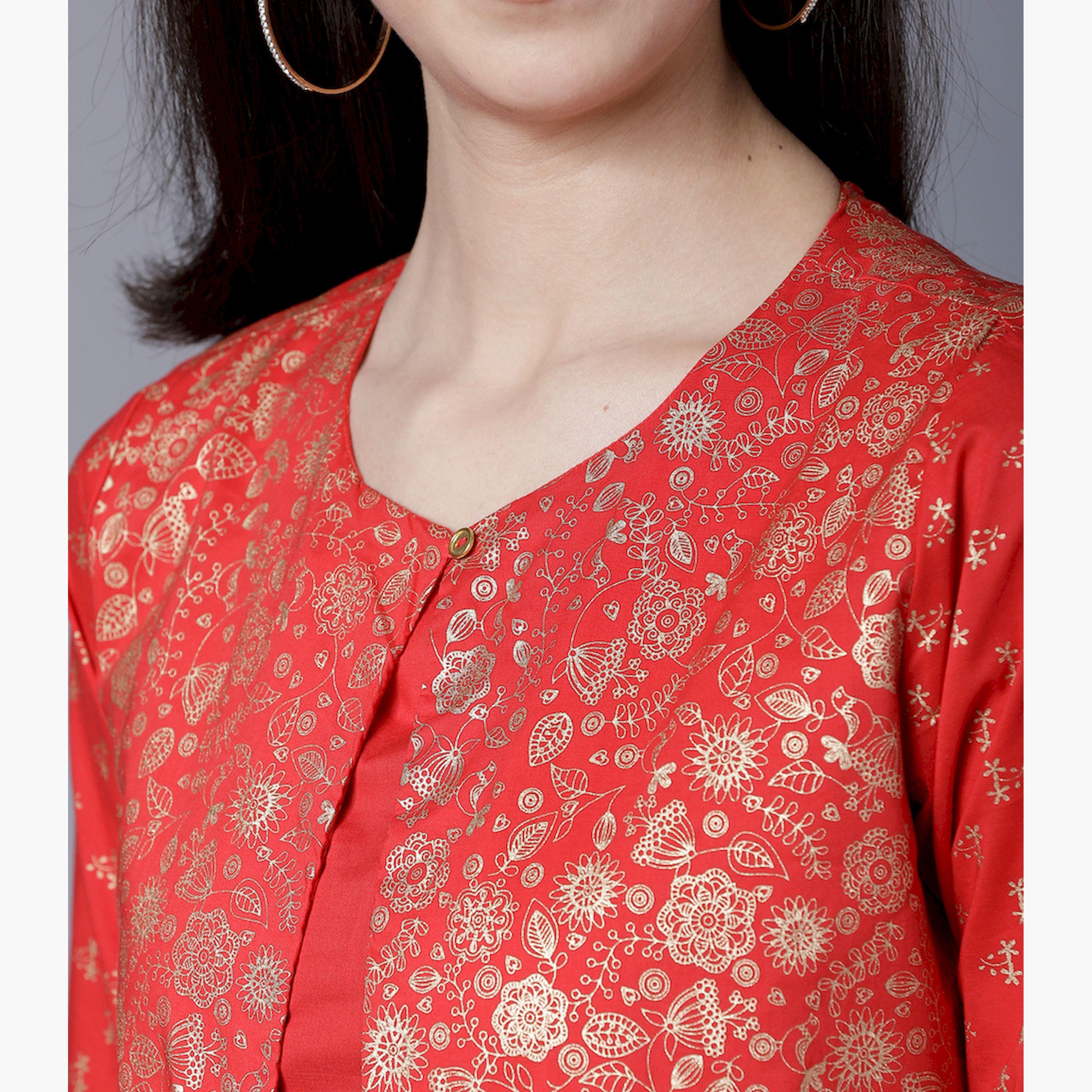فيشود × ستايلي - كورتا قطنية مستقيمة بطبعة فويل مع جاكيت قصير - أحمر-women-clothing-ethnicwear-kurtas-image-5