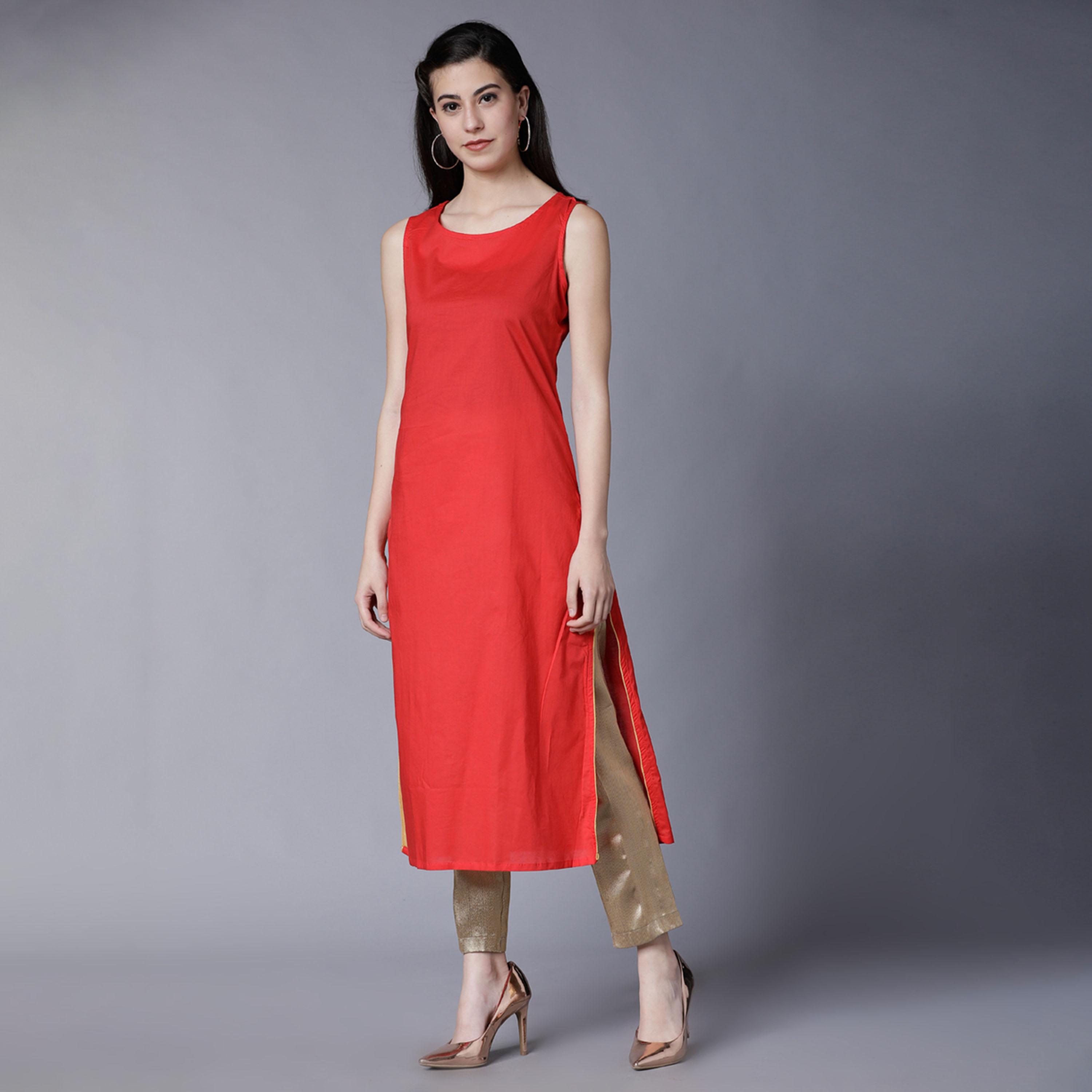 فيشود × ستايلي - كورتا قطنية مستقيمة بطبعة فويل مع جاكيت قصير - أحمر-women-clothing-ethnicwear-kurtas-image-6