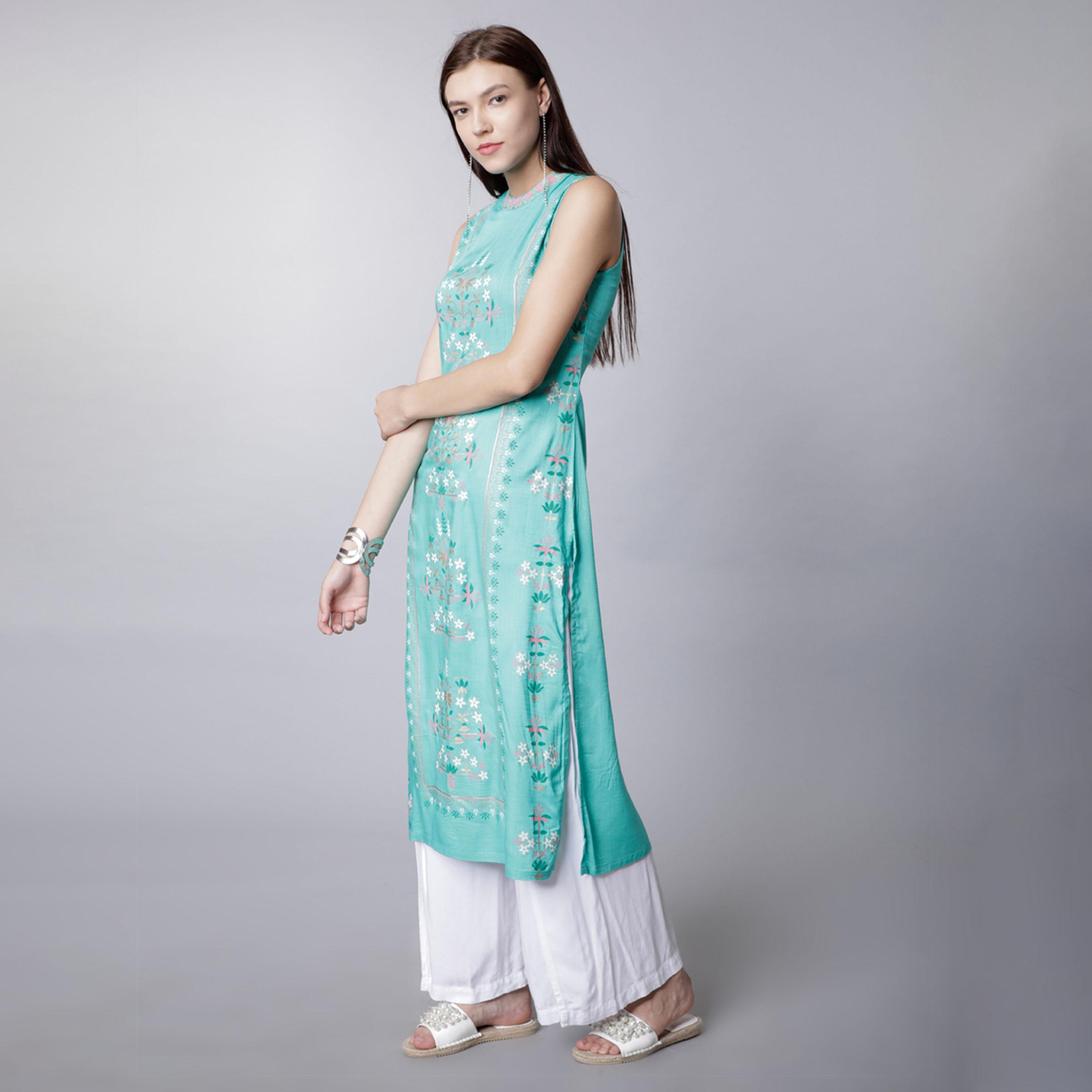 فيشود × ستايلي - كورتا نسائية مستقيمة بلون أخضر بحري-women-clothing-ethnicwear-kurtas-image-2