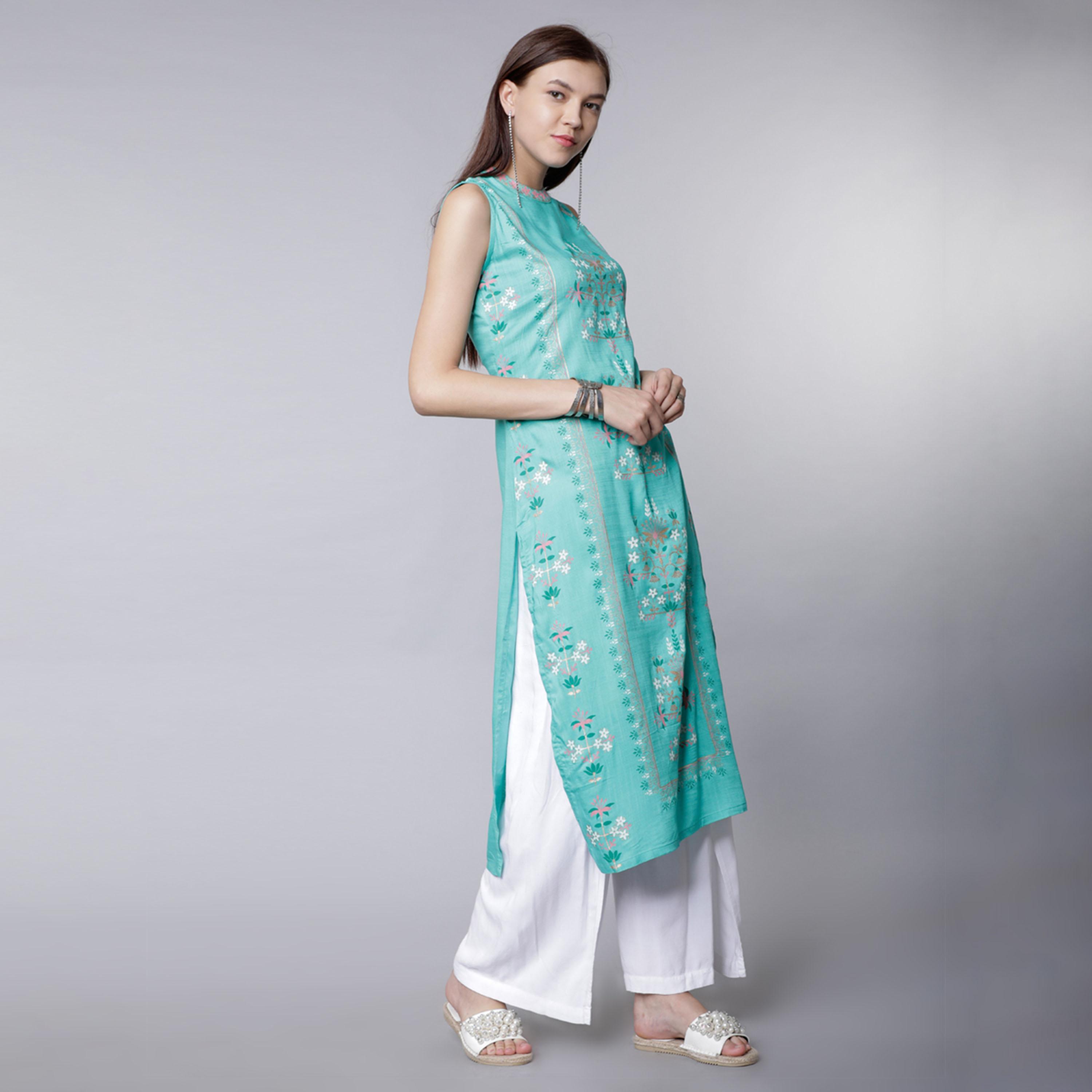 فيشود × ستايلي - كورتا نسائية مستقيمة بلون أخضر بحري-women-clothing-ethnicwear-kurtas-image-4