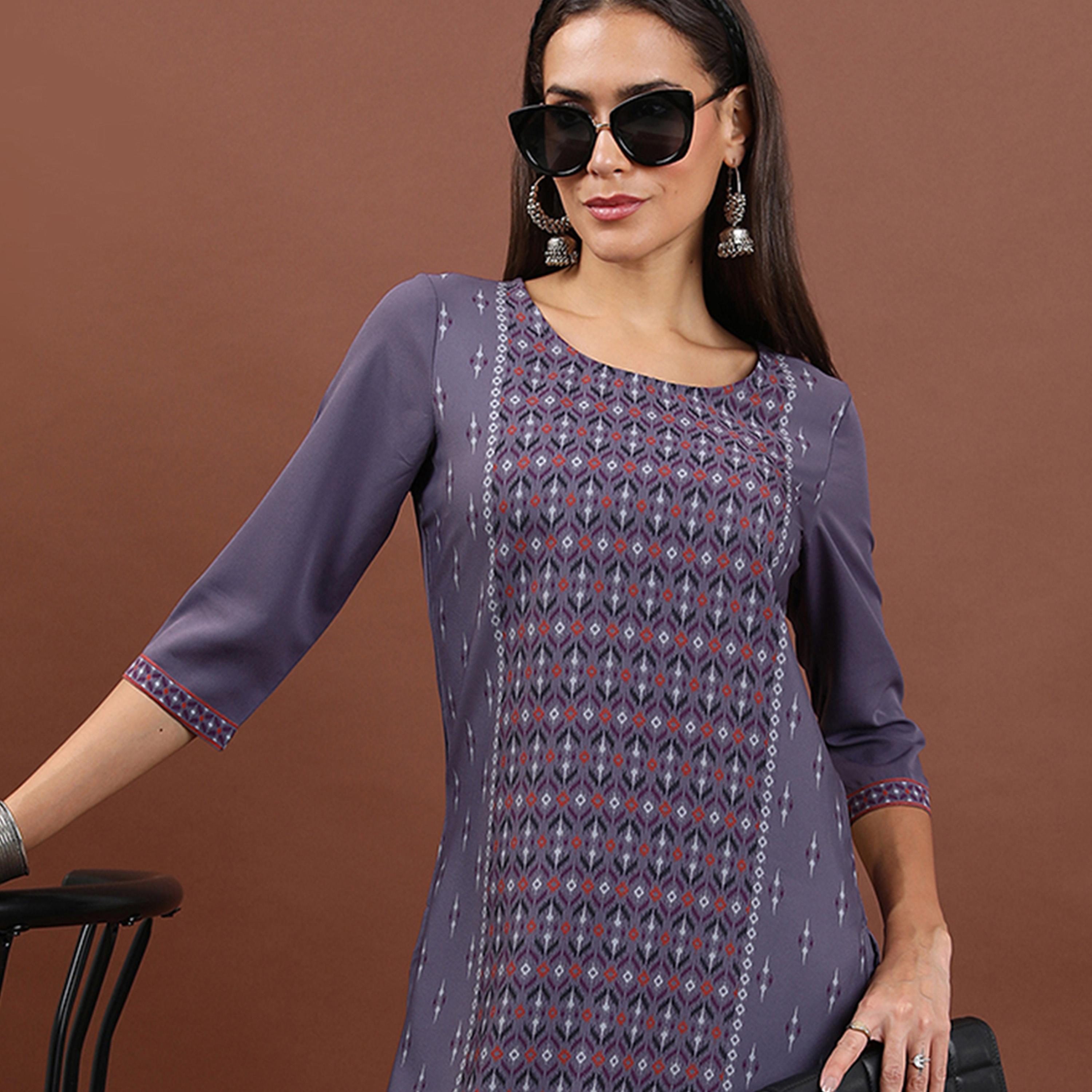 Vishudh X Styli Purple Geometric Printed Round Neck Thread Work Straight Kurta-women-clothing-ethnicwear-kurtas-image-1