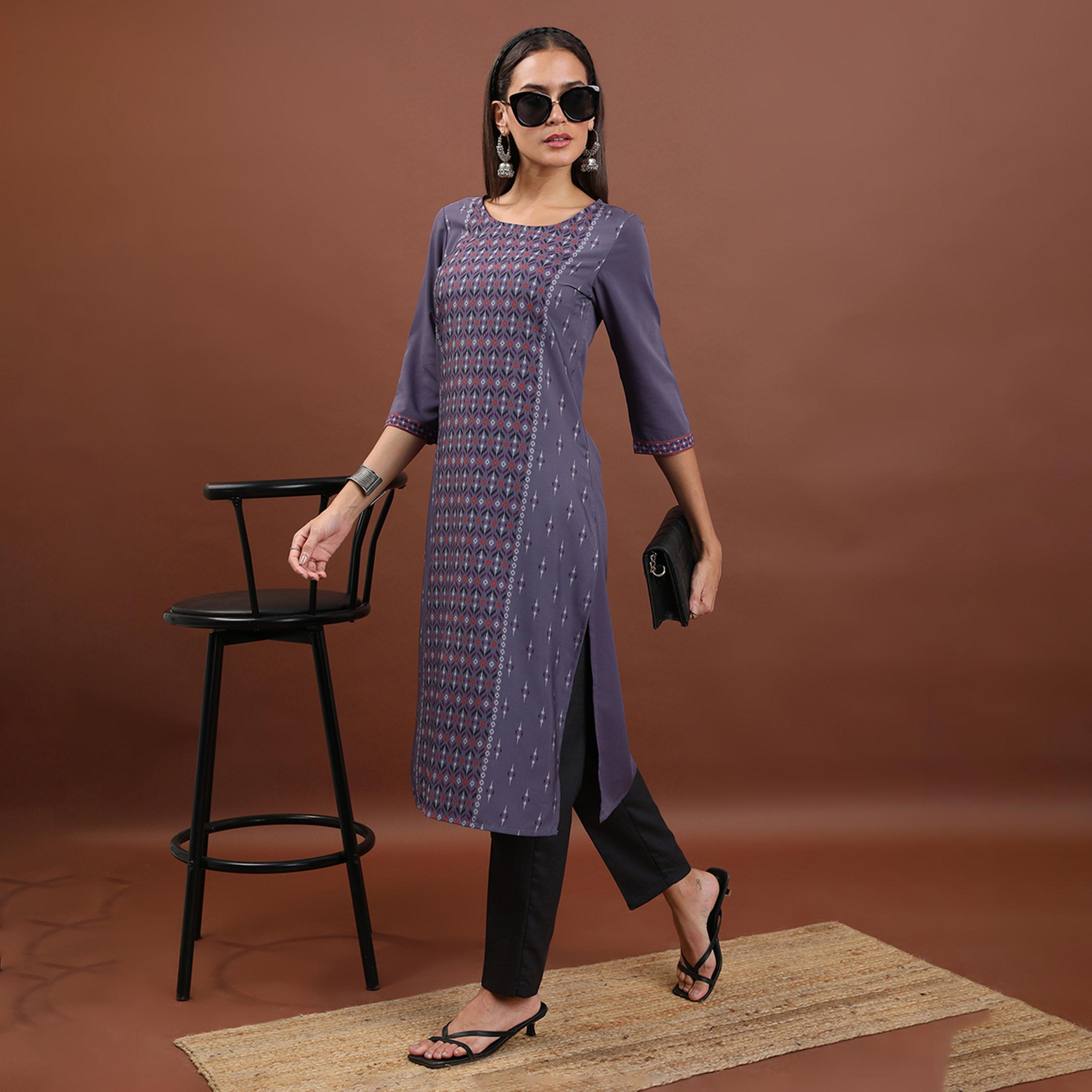Vishudh X Styli Purple Geometric Printed Round Neck Thread Work Straight Kurta-women-clothing-ethnicwear-kurtas-image-2