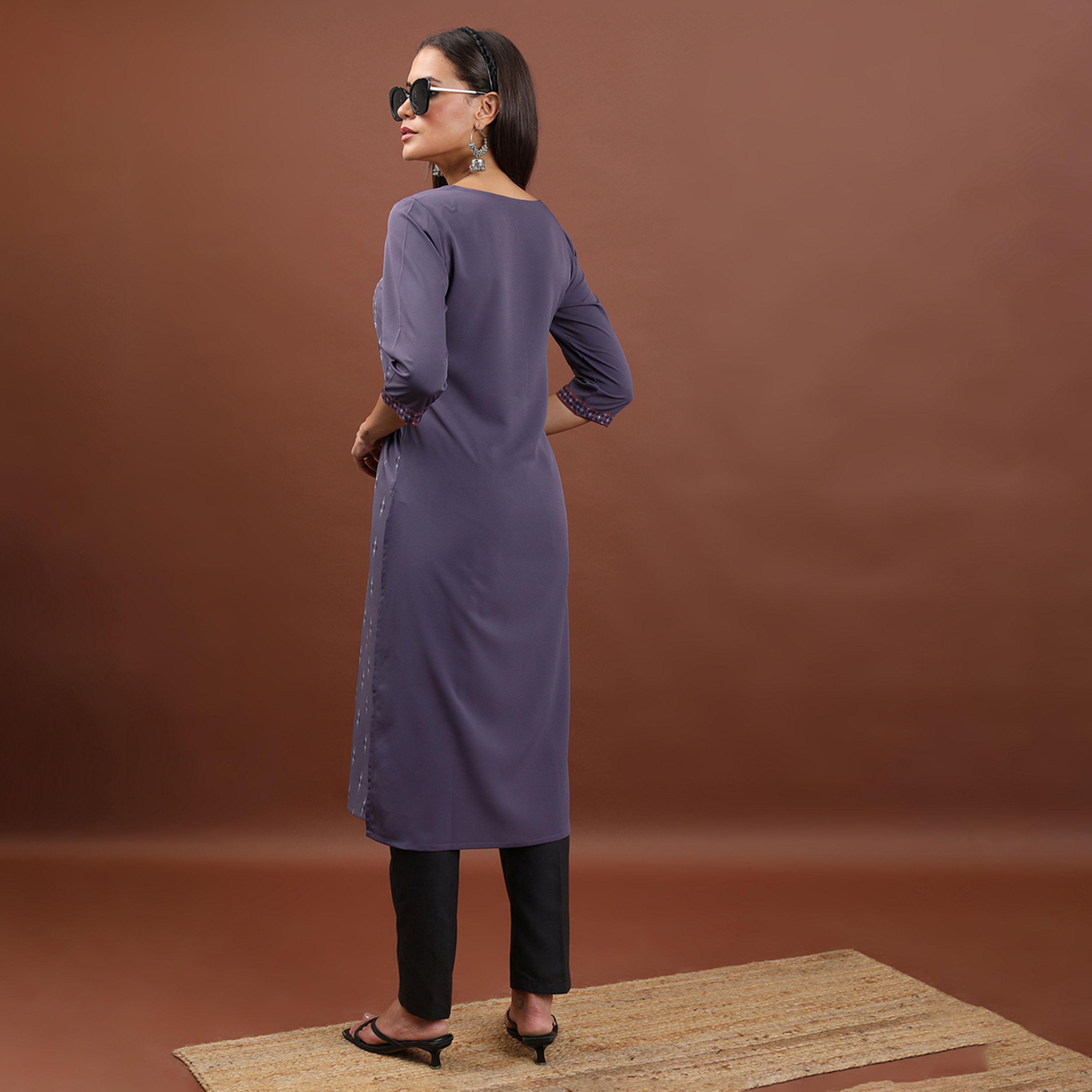 فيشود × ستايلي - كورتا مستقيمة برقبة دائرية وطبعة هندسية - بنفسجي-women-clothing-ethnicwear-kurtas-image-3