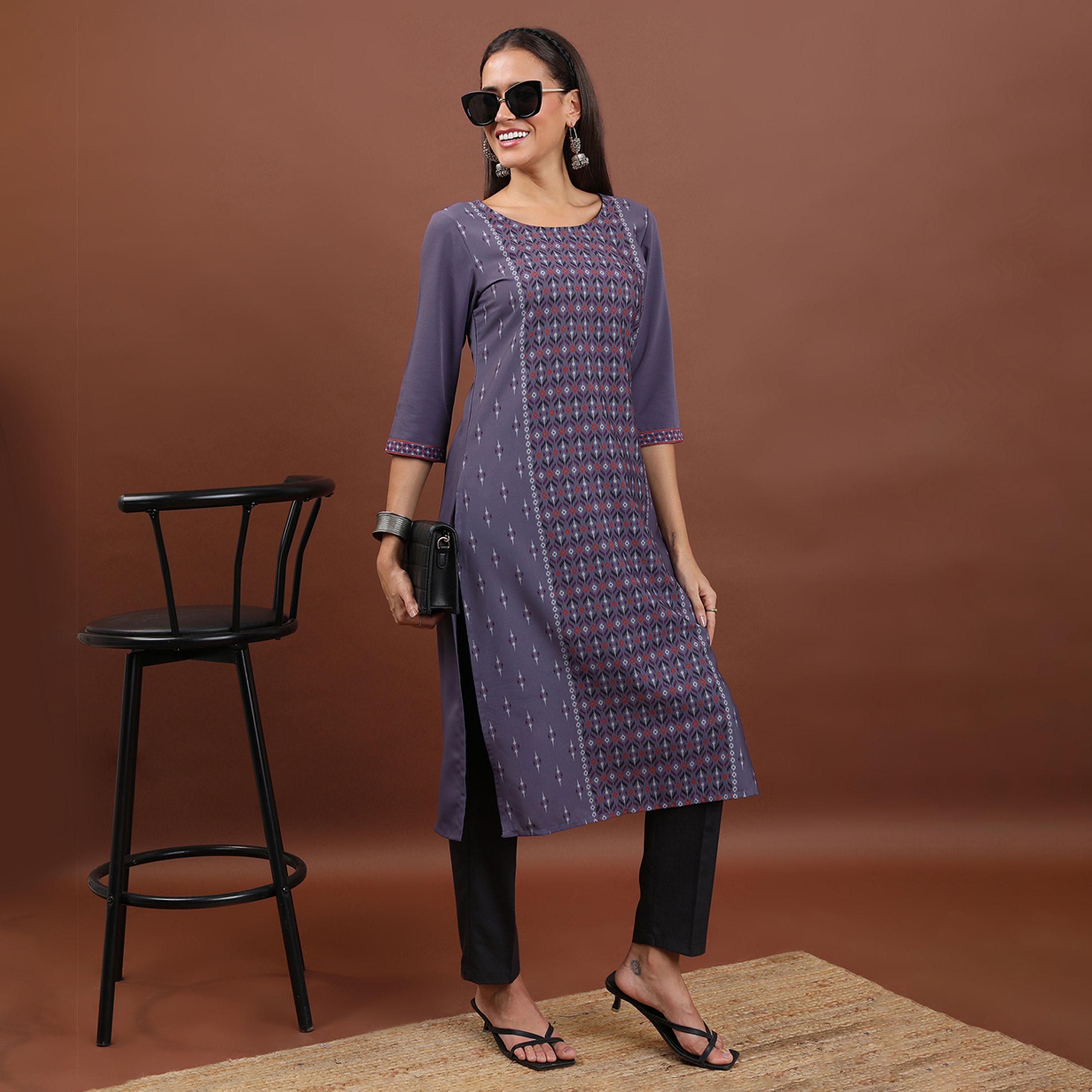فيشود × ستايلي - كورتا مستقيمة برقبة دائرية وطبعة هندسية - بنفسجي-women-clothing-ethnicwear-kurtas-image-4