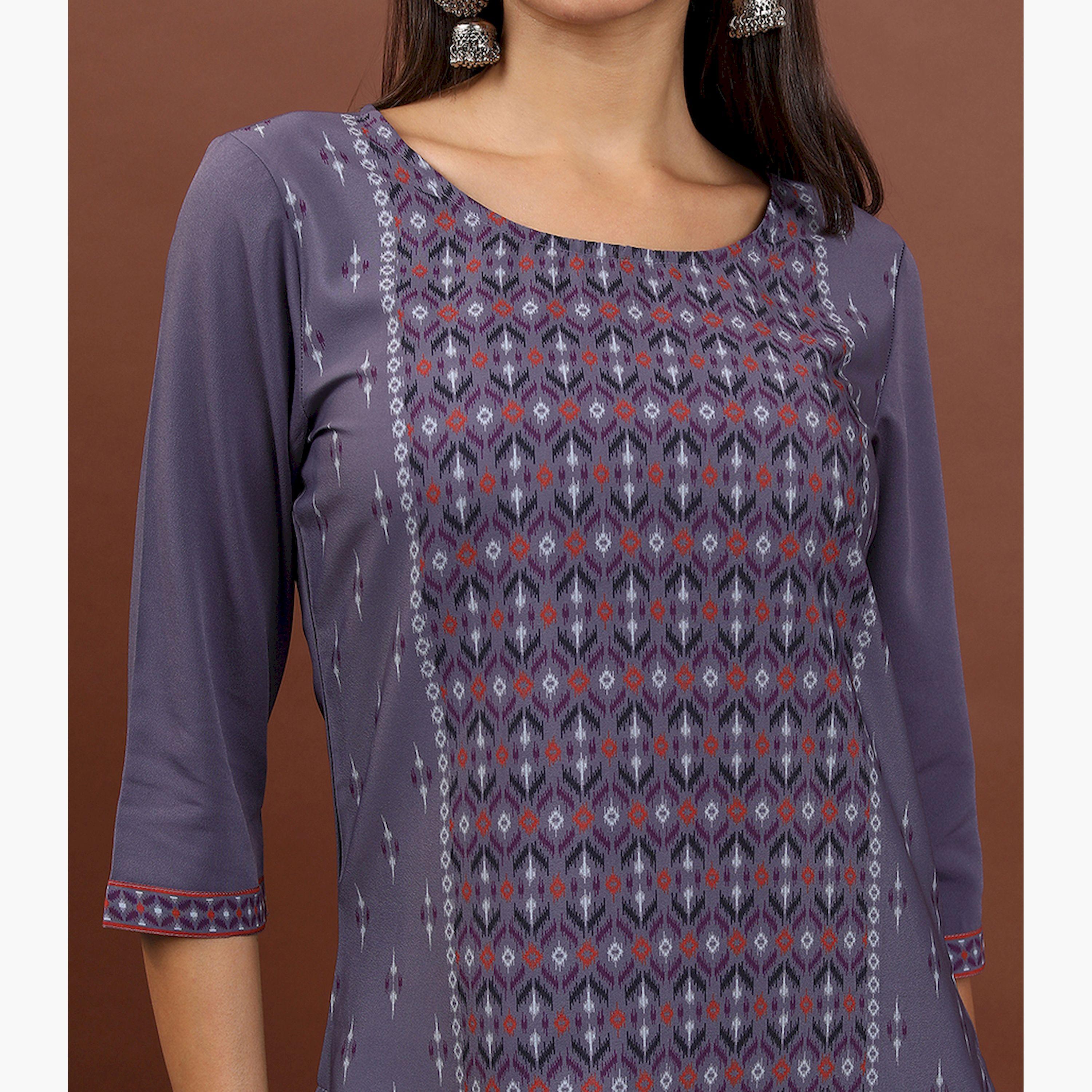 Vishudh X Styli Purple Geometric Printed Round Neck Thread Work Straight Kurta-women-clothing-ethnicwear-kurtas-image-5