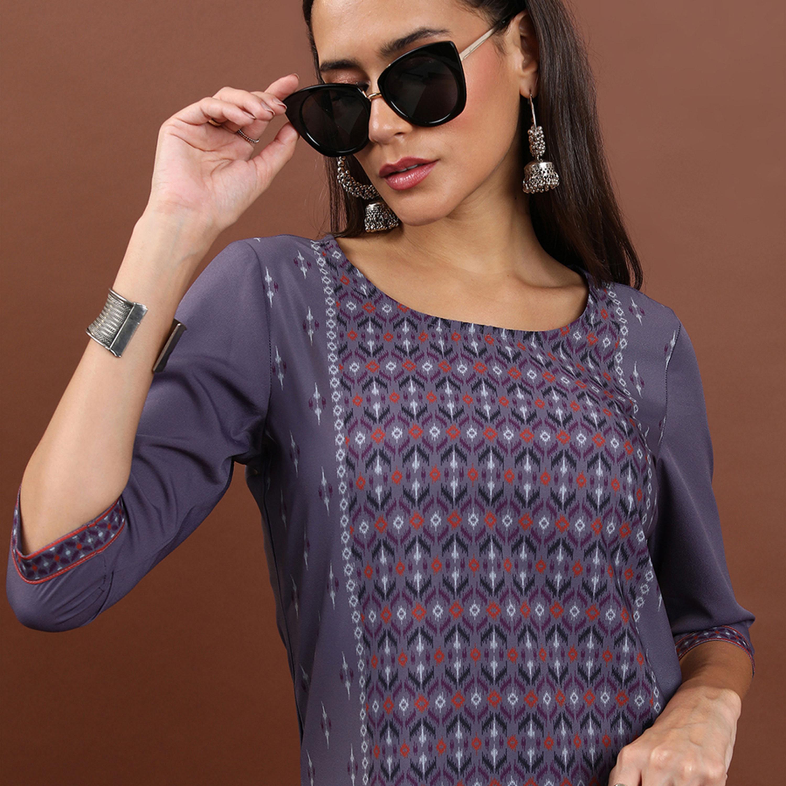 Vishudh X Styli Purple Geometric Printed Round Neck Thread Work Straight Kurta-women-clothing-ethnicwear-kurtas-image-6