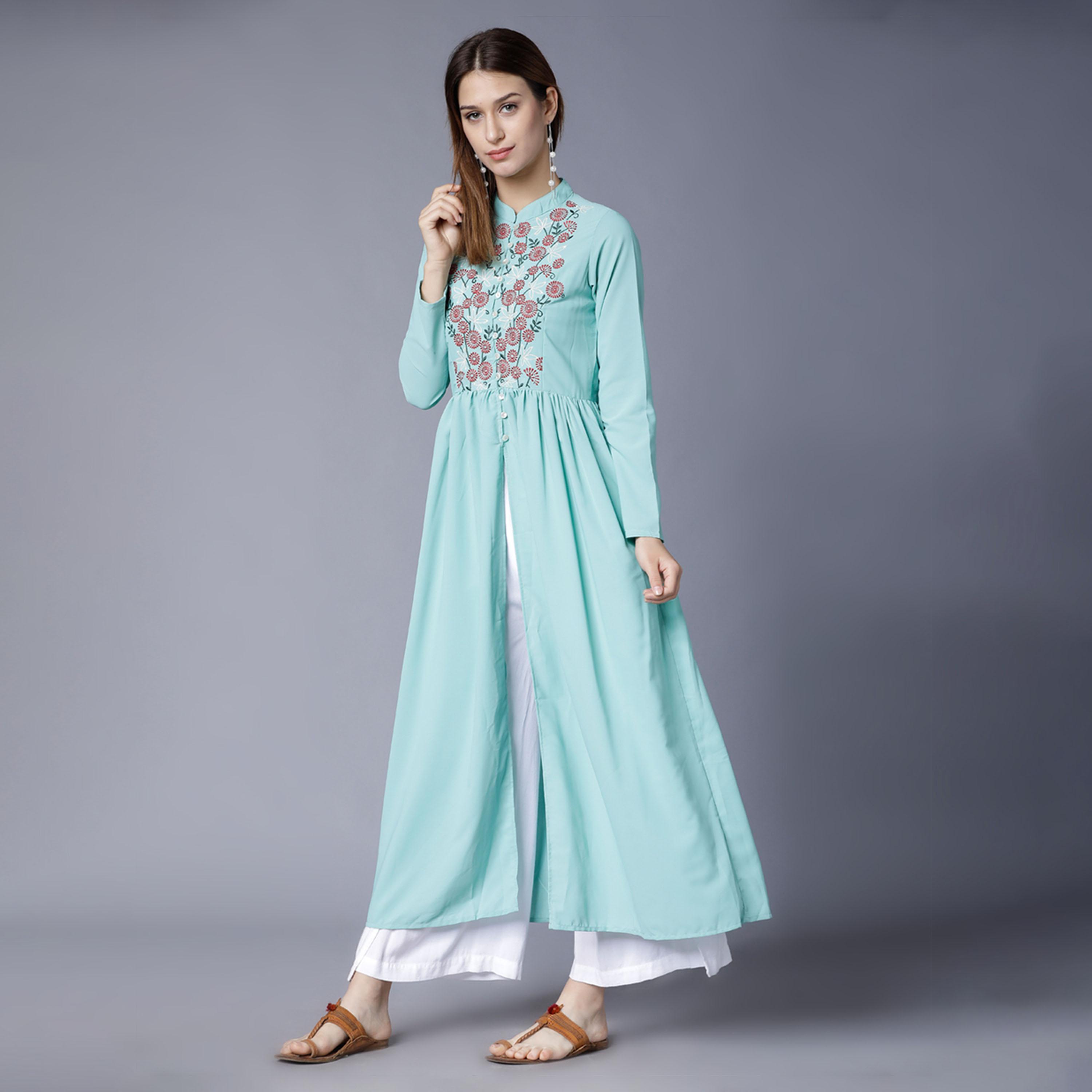 فيشود × ستايلي - كورتا أناركالي مطرزة بالزهور - أزرق-women-clothing-ethnicwear-kurtas-image-2