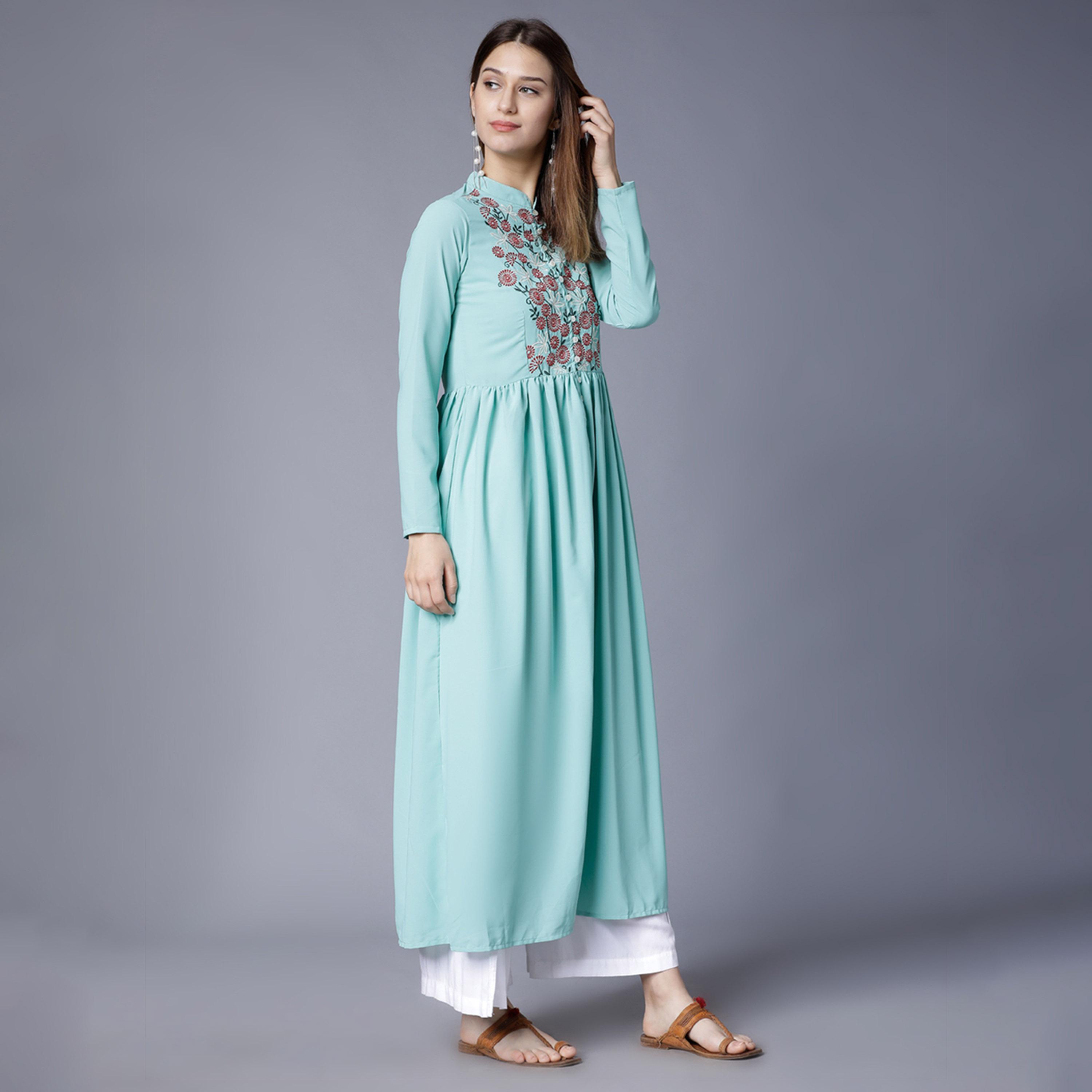 Vishudh X Styli Blue Floral Embroidered Anarkali Kurta-women-clothing-ethnicwear-kurtas-image-4