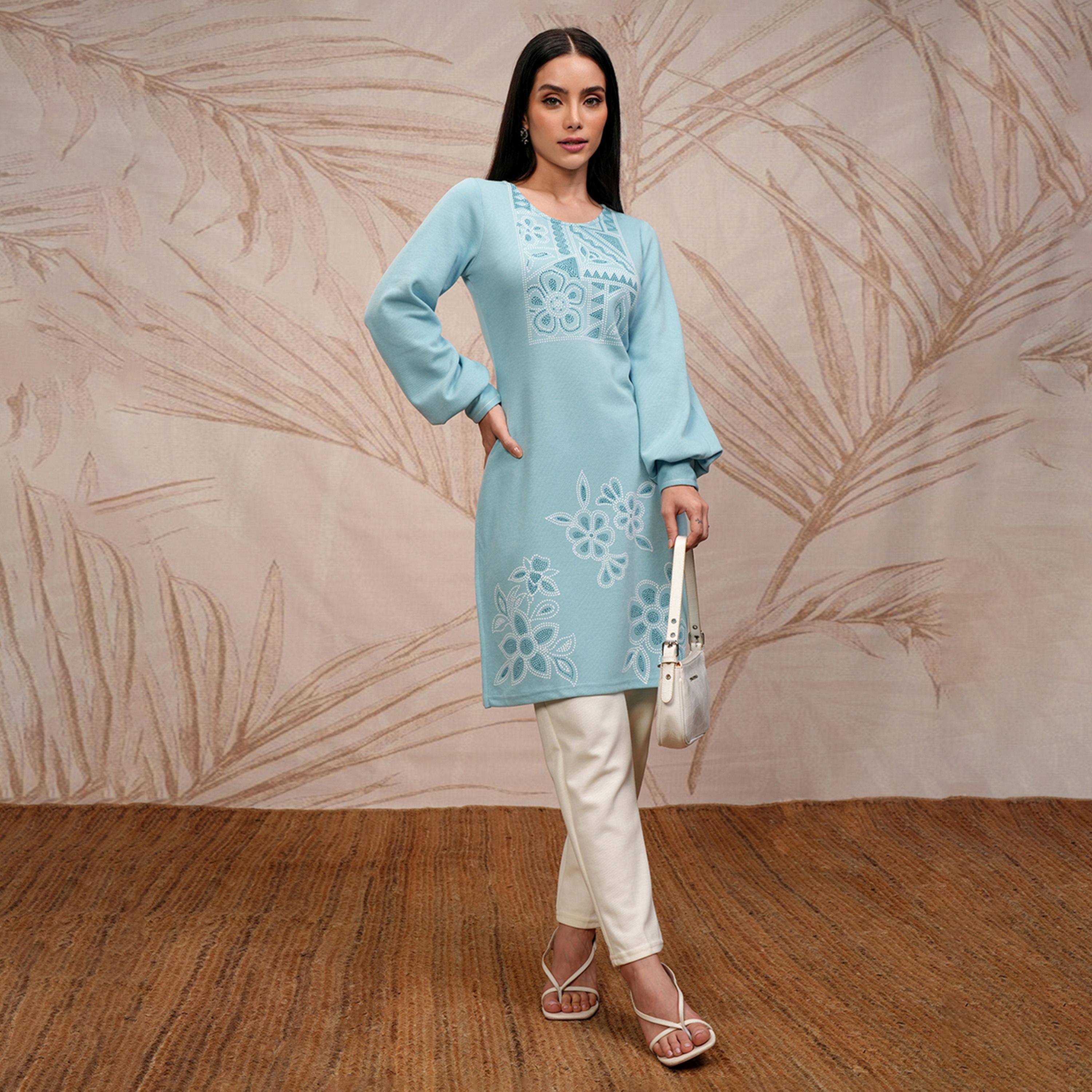 Vishudh X Styli Blue Floral Printed Round Neck Puff Sleeves Straight Kurta-women-clothing-ethnicwear-kurtas-image-1