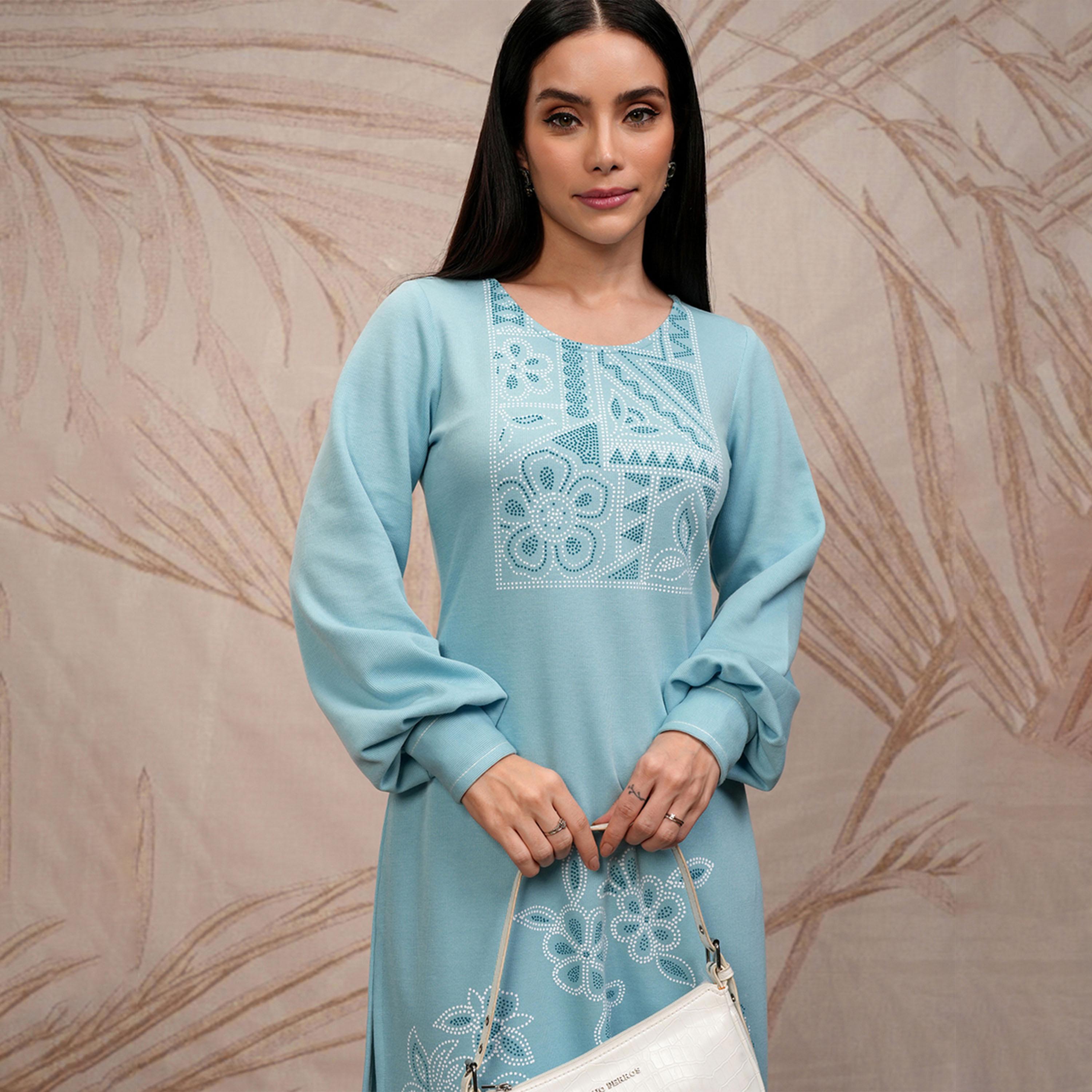 فيشود × ستايلي - كورتا مستقيمة بأكمام منتفخة ورقبة دائرية مطبوعة بالورود - أزرق-women-clothing-ethnicwear-kurtas-image-2