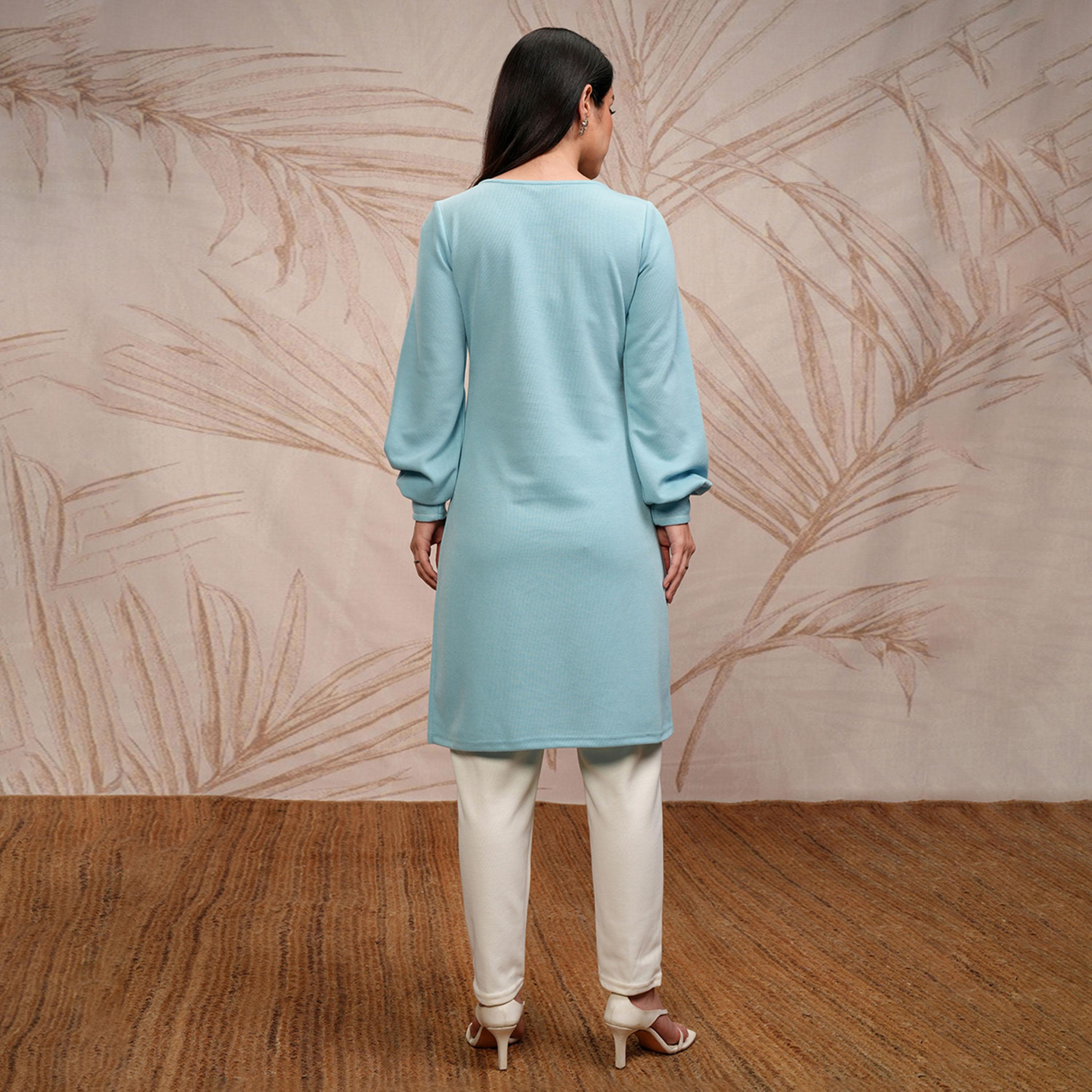 فيشود × ستايلي - كورتا مستقيمة بأكمام منتفخة ورقبة دائرية مطبوعة بالورود - أزرق-women-clothing-ethnicwear-kurtas-image-3