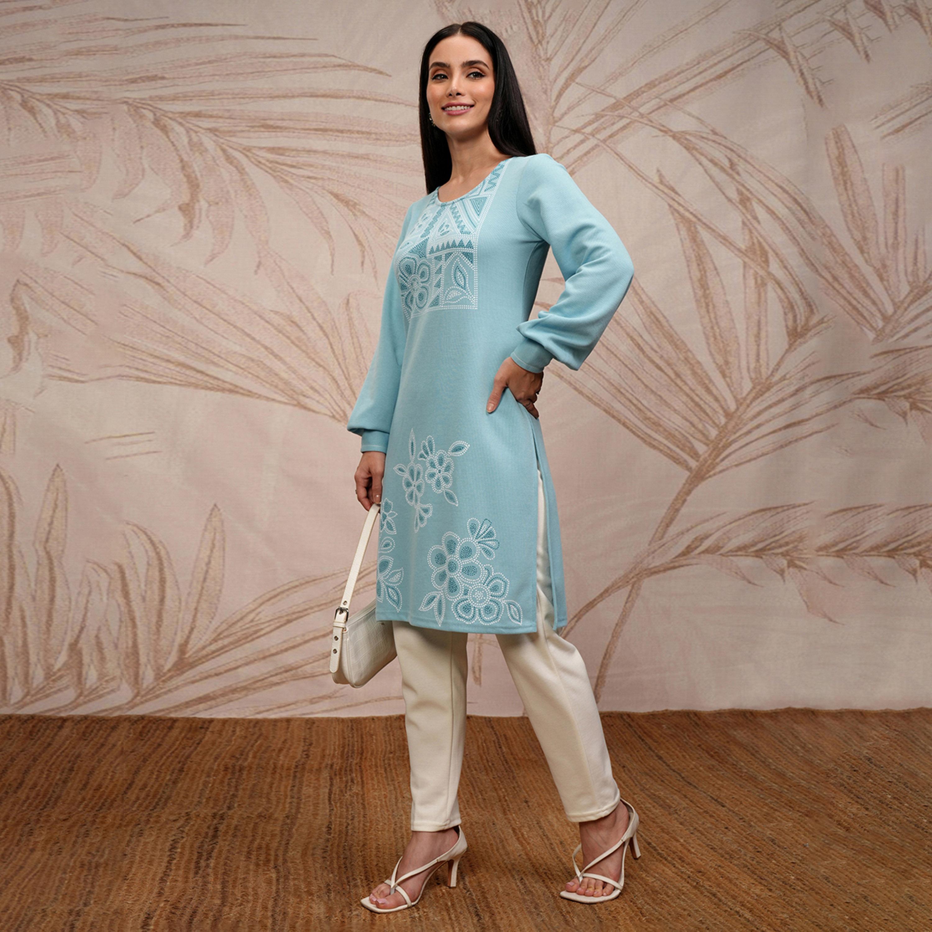 Vishudh X Styli Blue Floral Printed Round Neck Puff Sleeves Straight Kurta-women-clothing-ethnicwear-kurtas-image-4