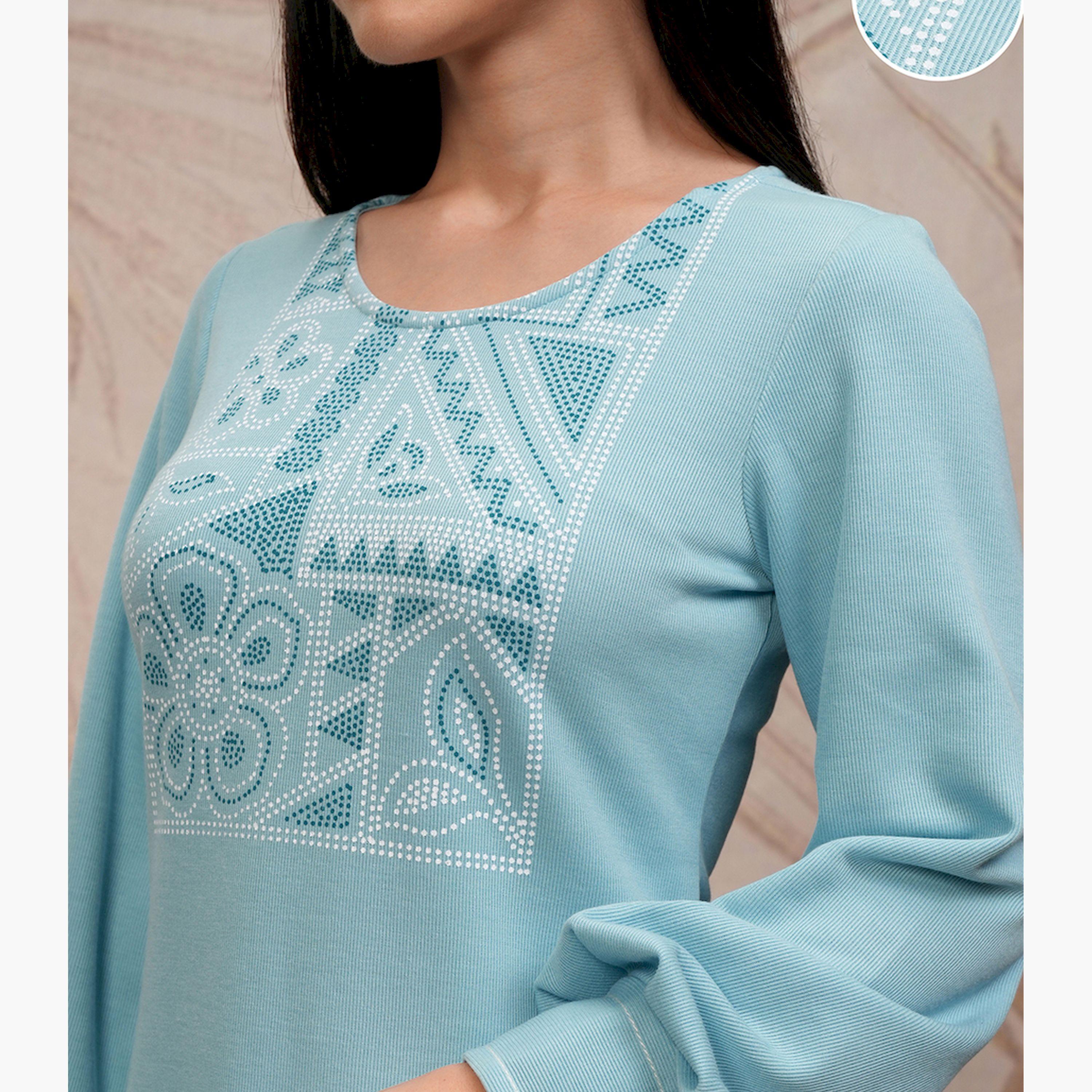 Vishudh X Styli Blue Floral Printed Round Neck Puff Sleeves Straight Kurta-women-clothing-ethnicwear-kurtas-image-5