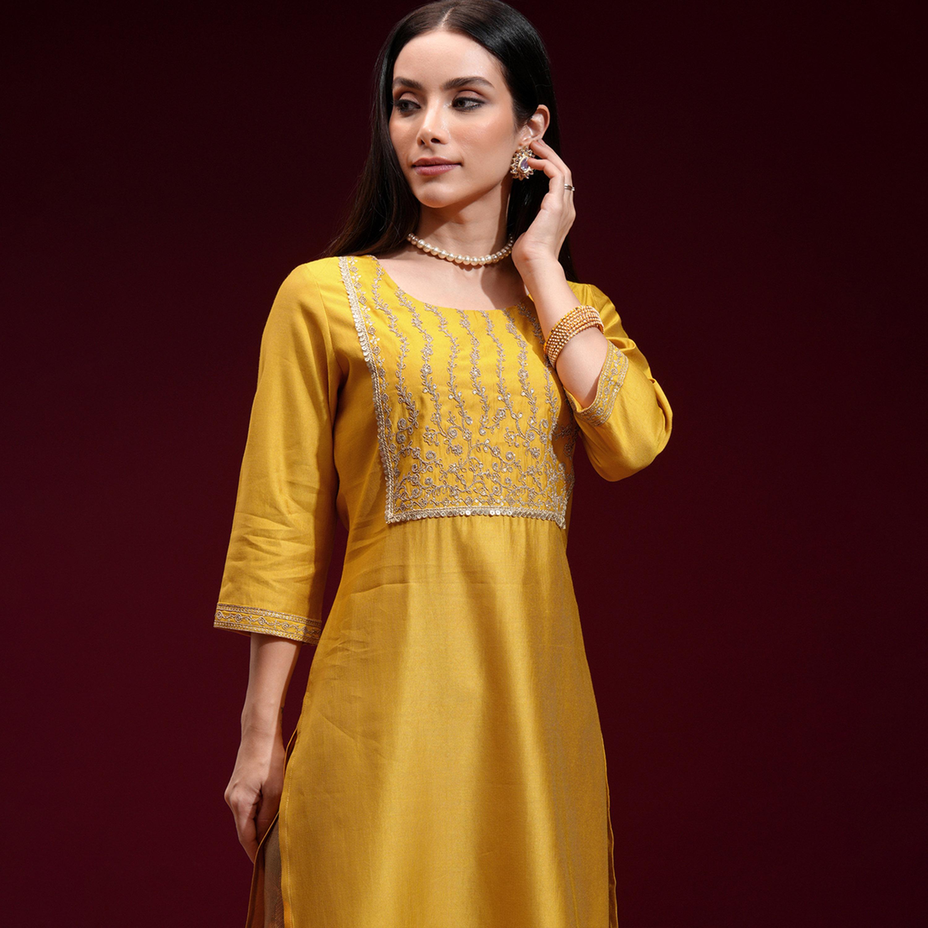 فيشود × ستايلي - كورتا مستقيمة بياقة مطرزة بالزهور مع ترتر-women-clothing-ethnicwear-kurtas-image-2