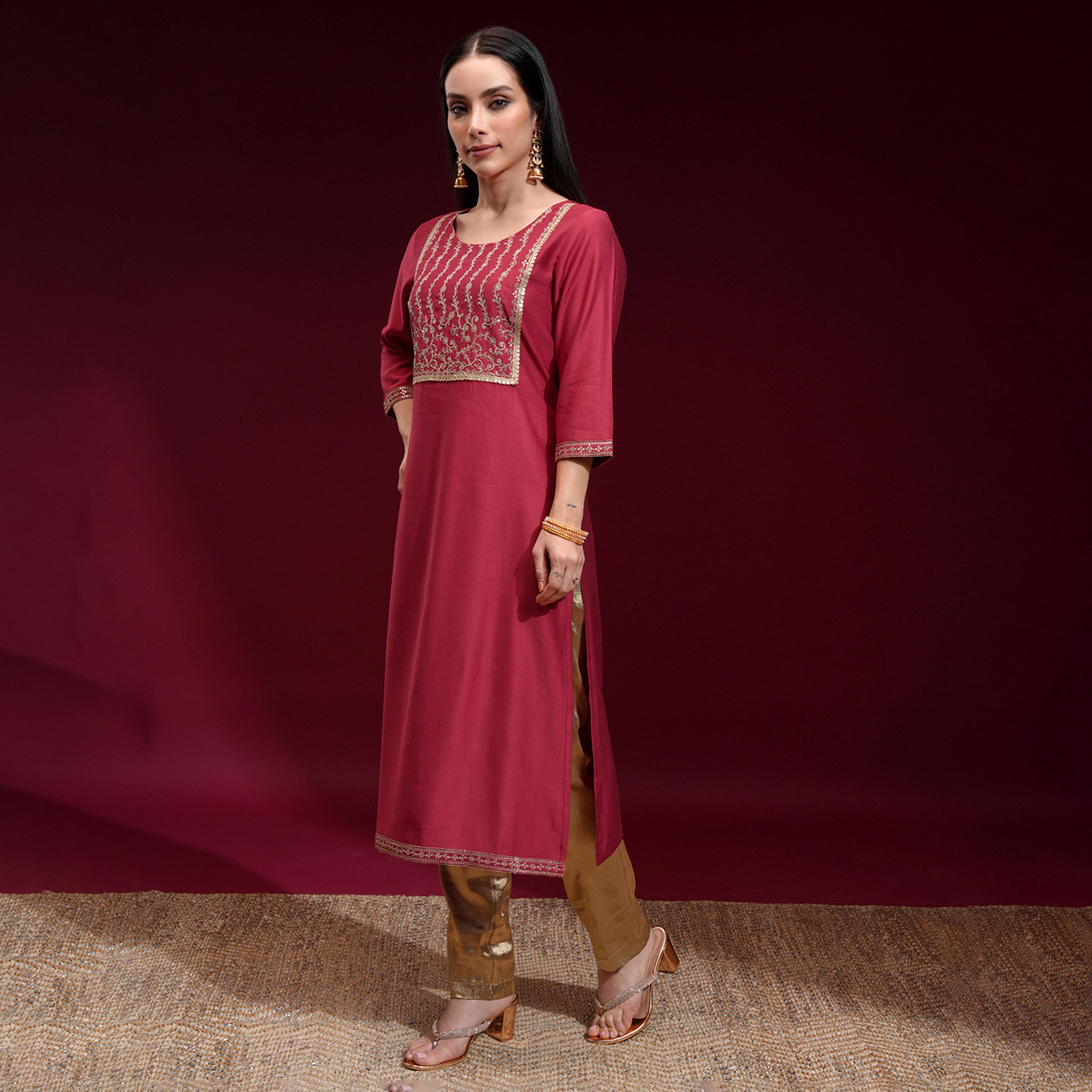 فيشود × ستايلي - كورتا مستقيمة بياقة مطرزة بالزهور مع ترتر-women-clothing-ethnicwear-kurtas-image-4
