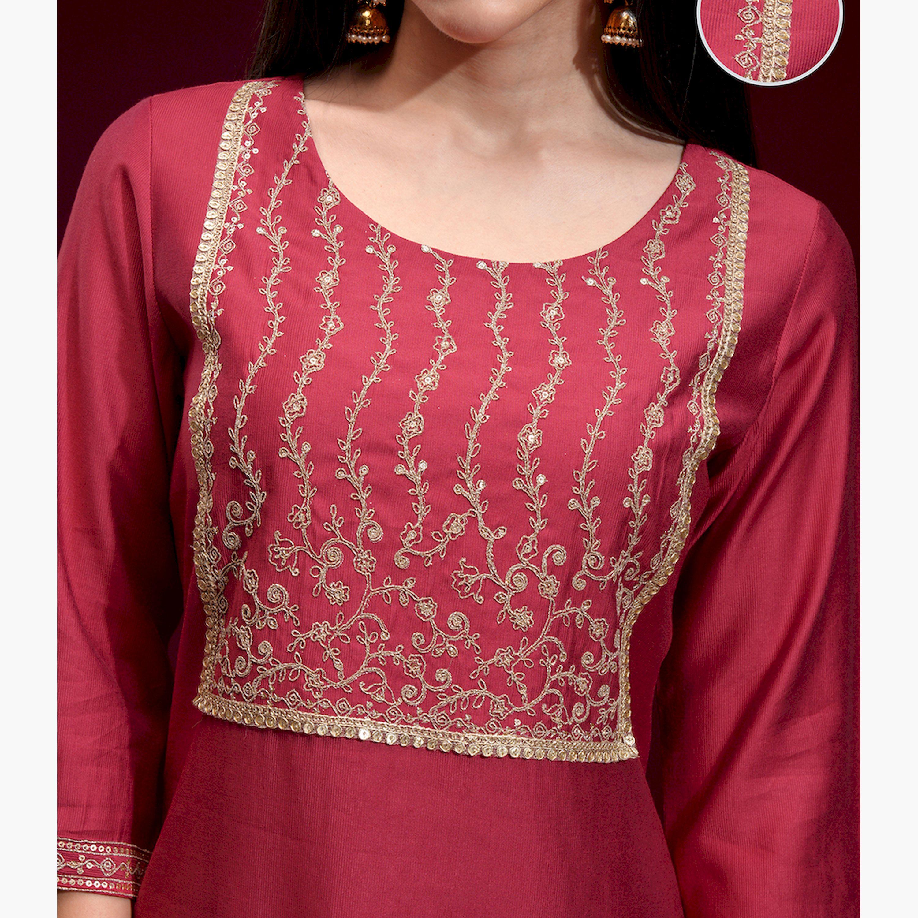 فيشود × ستايلي - كورتا مستقيمة بياقة مطرزة بالزهور مع ترتر-women-clothing-ethnicwear-kurtas-image-5