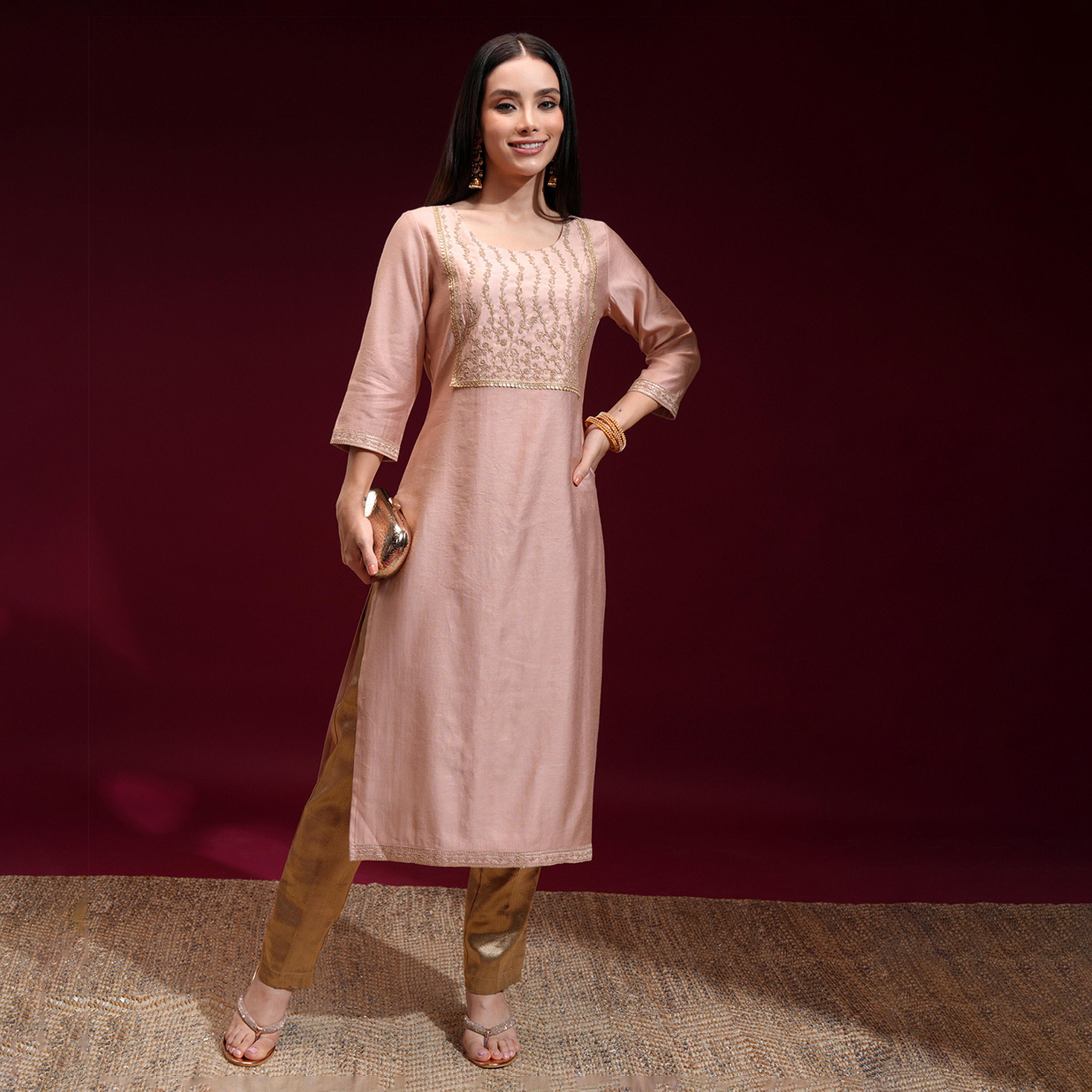 فيشود × ستايلي - كورتا مستقيمة بياقة مطرزة بالزهور مع ترتر-women-clothing-ethnicwear-kurtas-image-1
