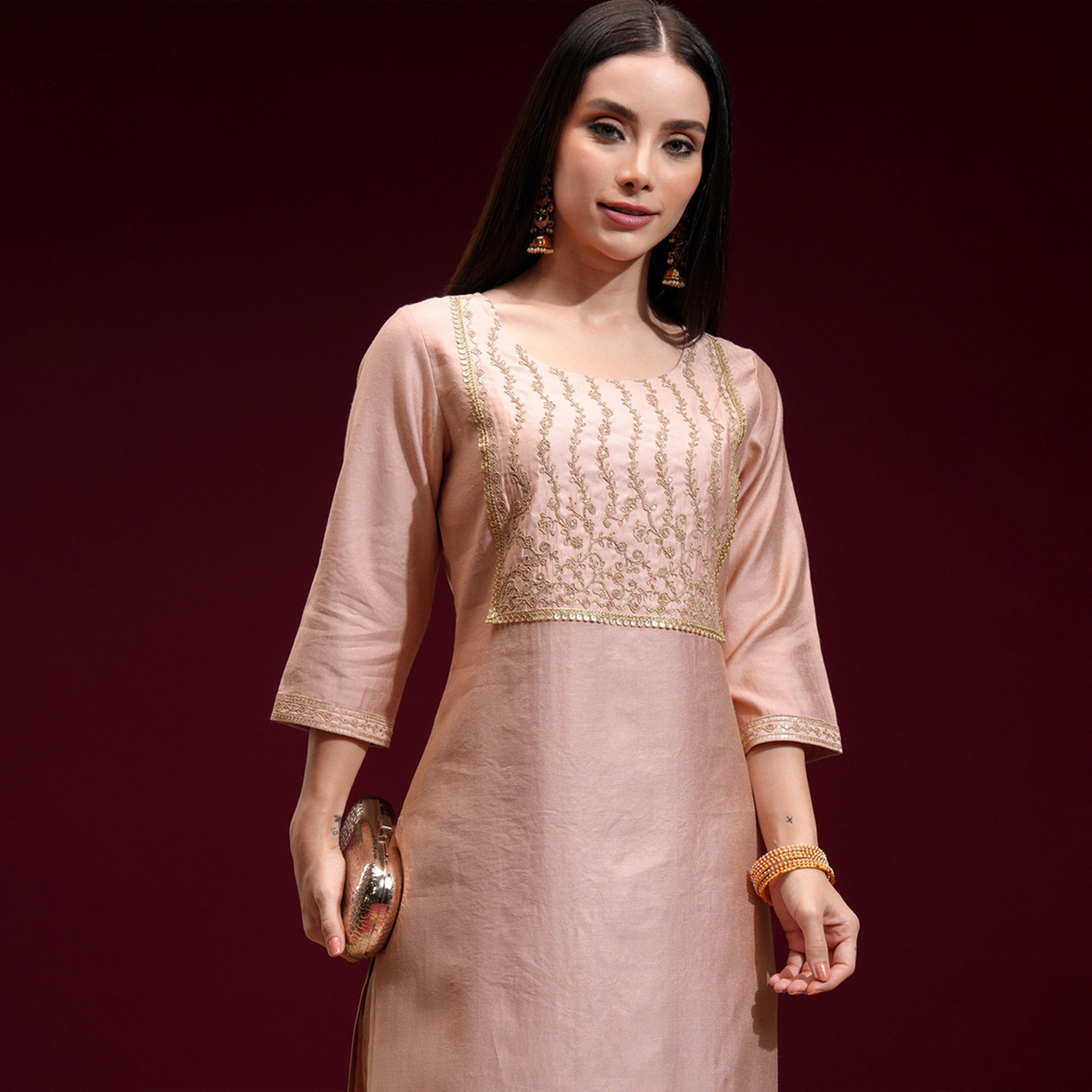 فيشود × ستايلي - كورتا مستقيمة بياقة مطرزة بالزهور مع ترتر-women-clothing-ethnicwear-kurtas-image-2