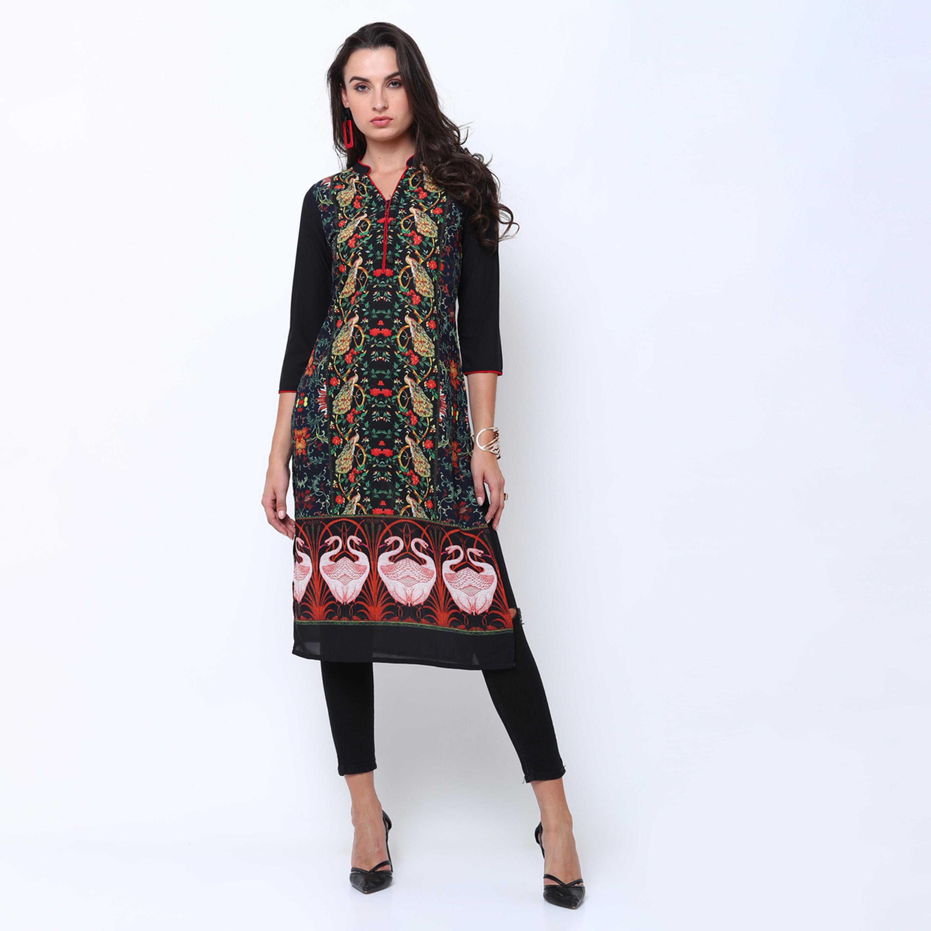 فيشود × ستايلي - كورتا مستقيمة مطبوعة باللونين الكحلي والأسود للنساء-women-clothing-ethnicwear-kurtas-image-1