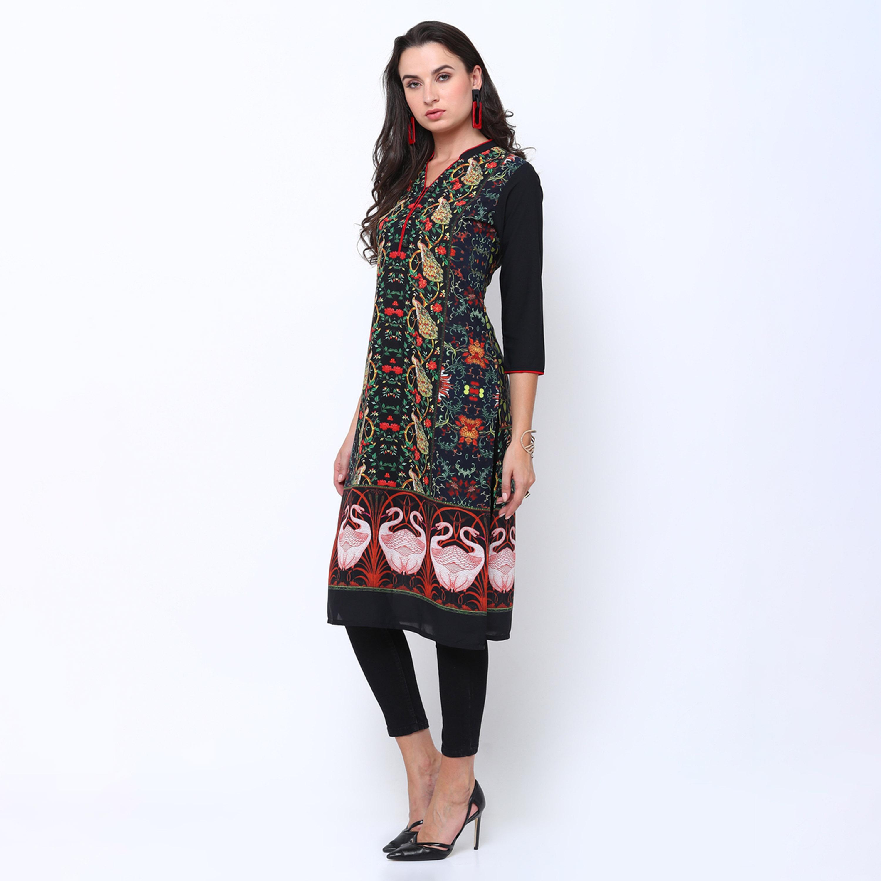 فيشود × ستايلي - كورتا مستقيمة مطبوعة باللونين الكحلي والأسود للنساء-women-clothing-ethnicwear-kurtas-image-2