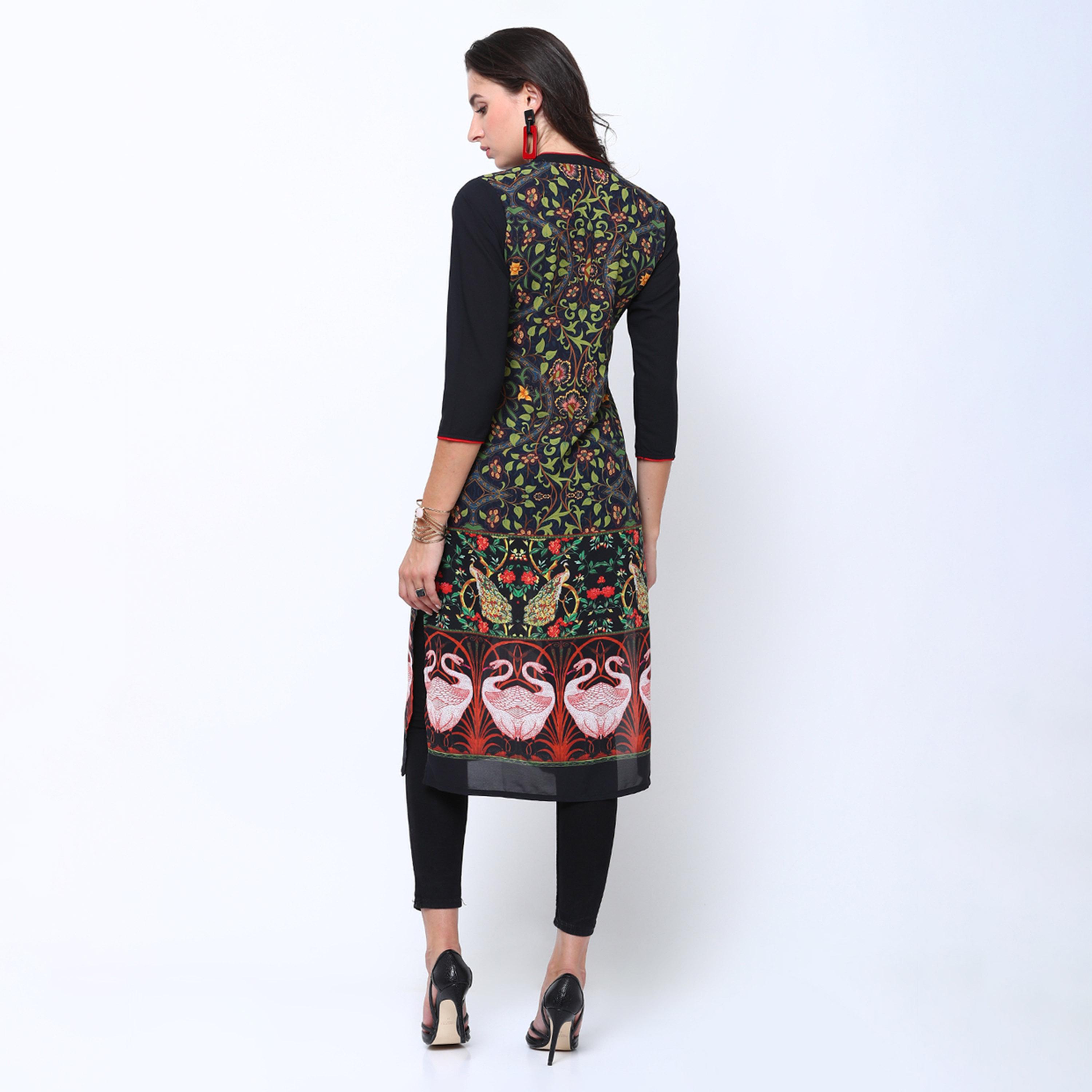 فيشود × ستايلي - كورتا مستقيمة مطبوعة باللونين الكحلي والأسود للنساء-women-clothing-ethnicwear-kurtas-image-3