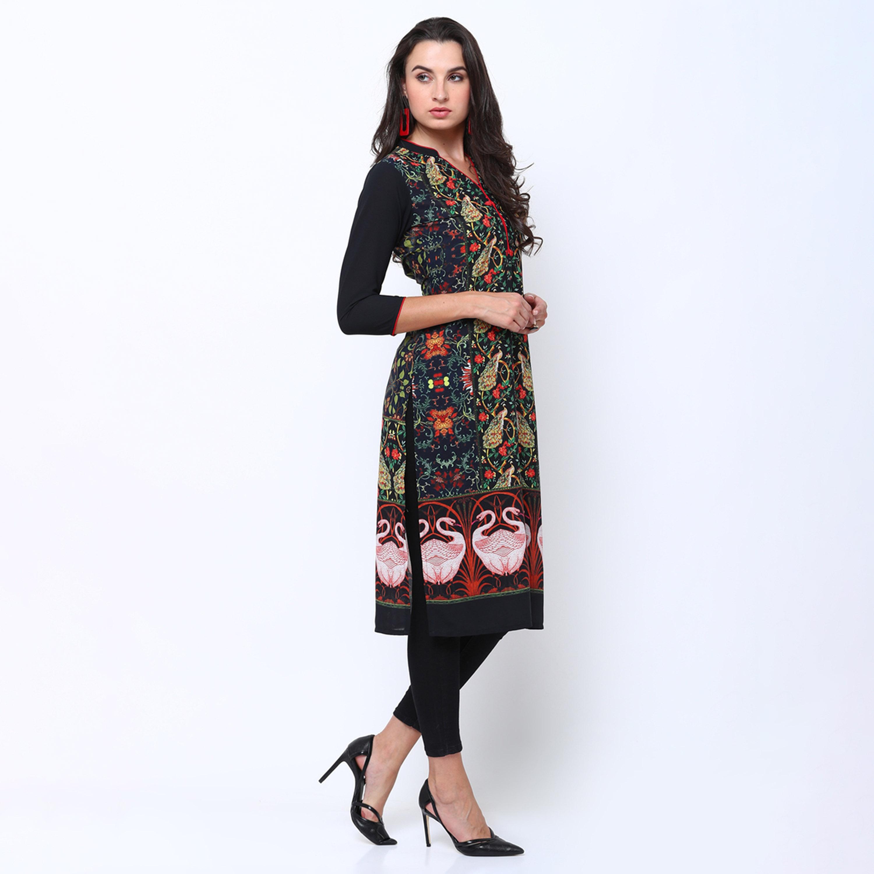 فيشود × ستايلي - كورتا مستقيمة مطبوعة باللونين الكحلي والأسود للنساء-women-clothing-ethnicwear-kurtas-image-4