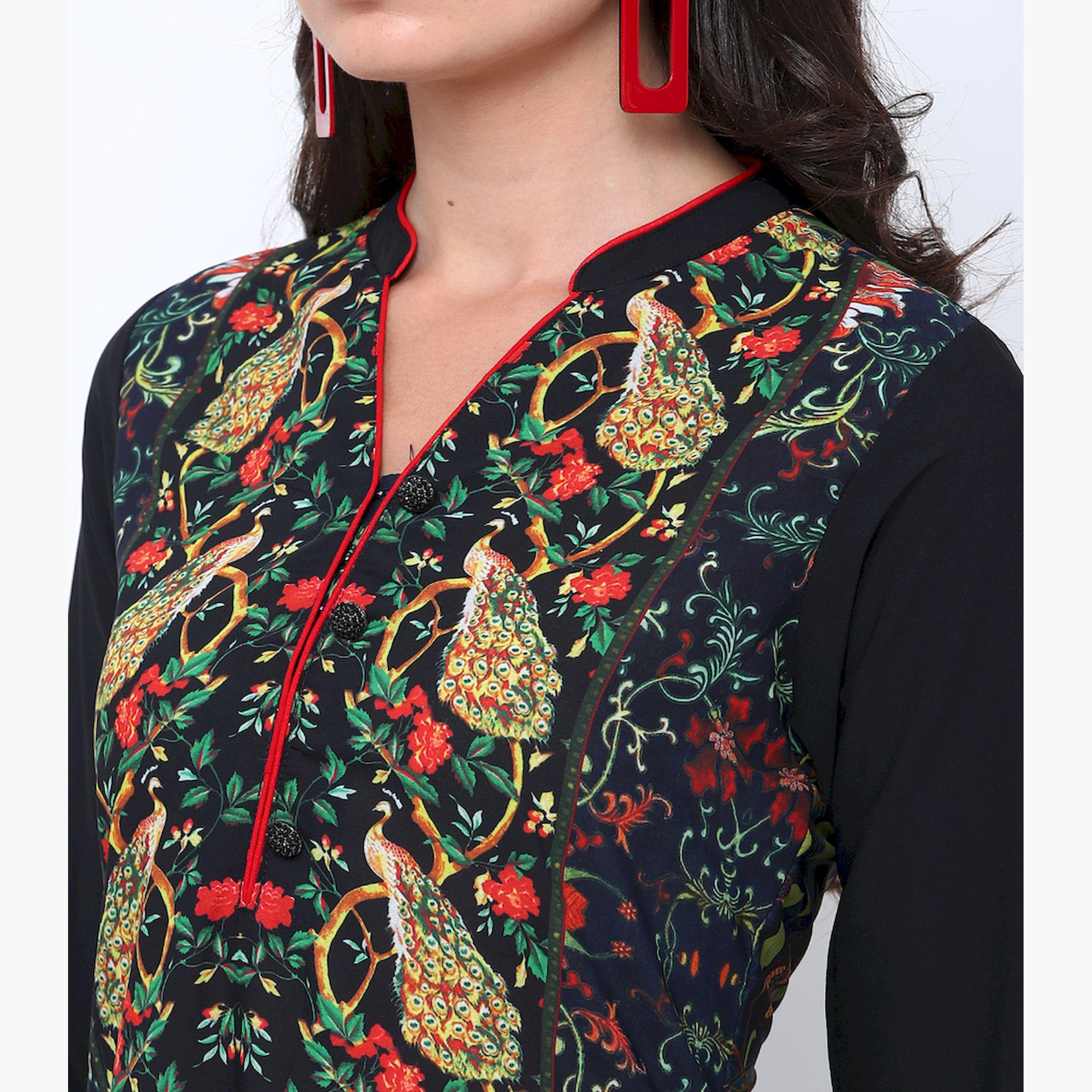 فيشود × ستايلي - كورتا مستقيمة مطبوعة باللونين الكحلي والأسود للنساء-women-clothing-ethnicwear-kurtas-image-5