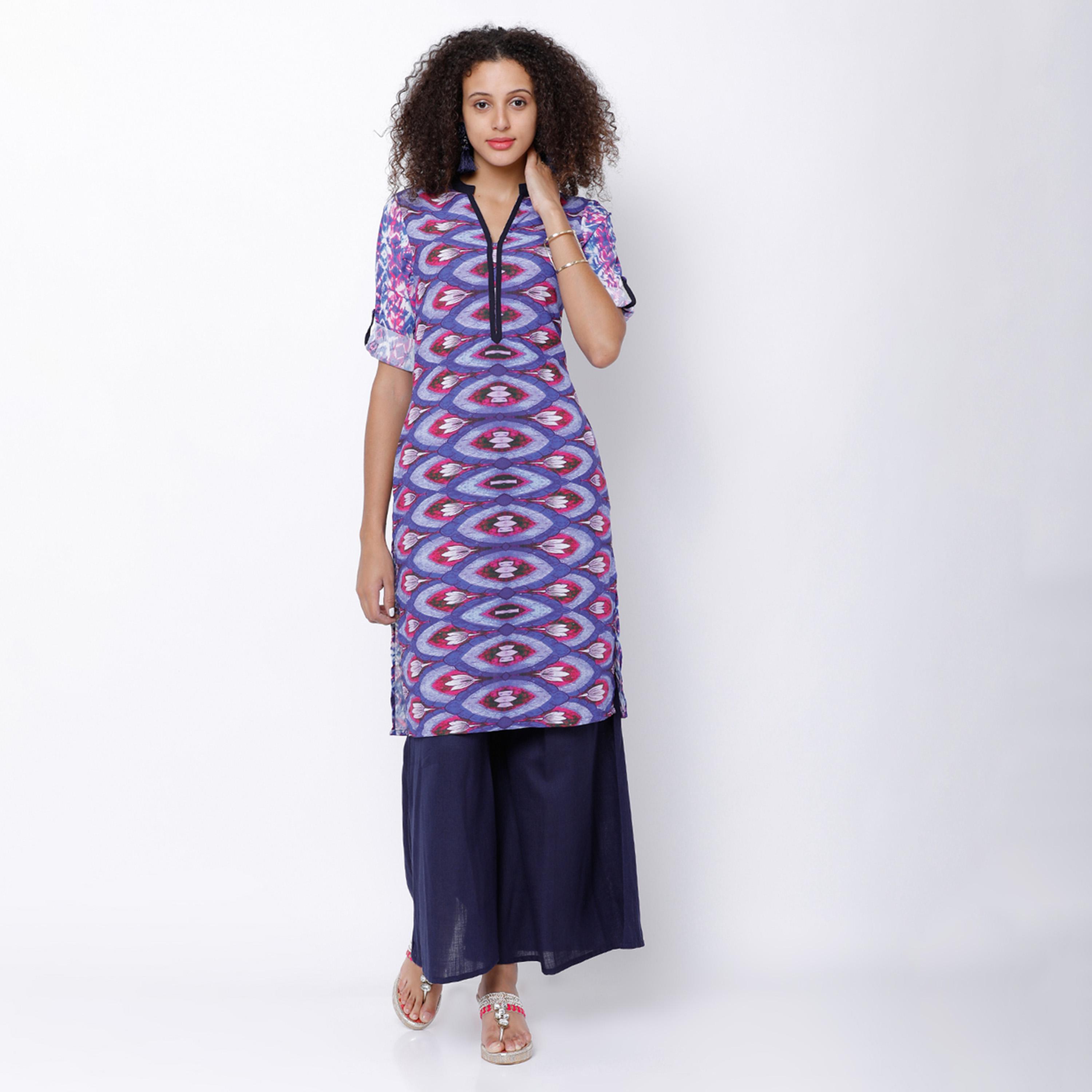 فيشود × ستايلي - كورتا مستقيمة مطبوعة باللونين الأزرق والوردي للنساء-women-clothing-ethnicwear-kurtas-image-1