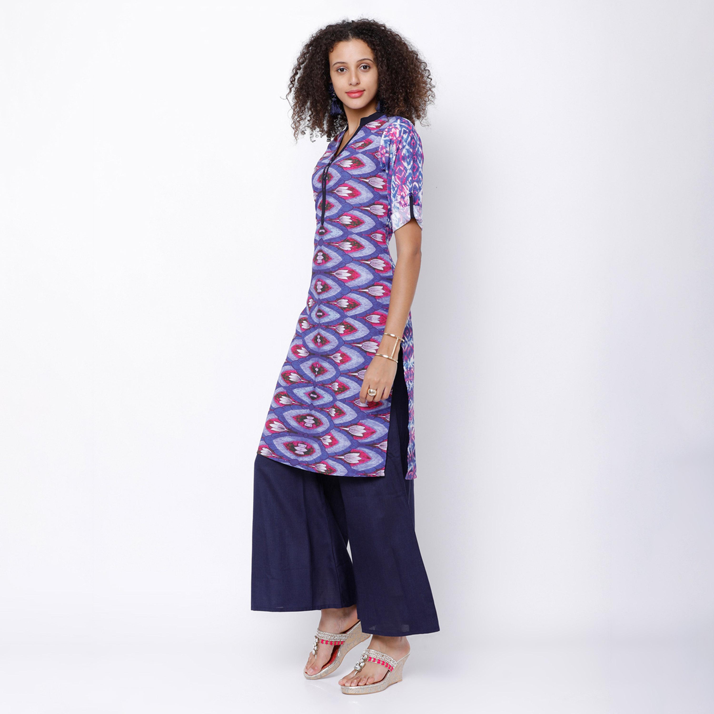 فيشود × ستايلي - كورتا مستقيمة مطبوعة باللونين الأزرق والوردي للنساء-women-clothing-ethnicwear-kurtas-image-2