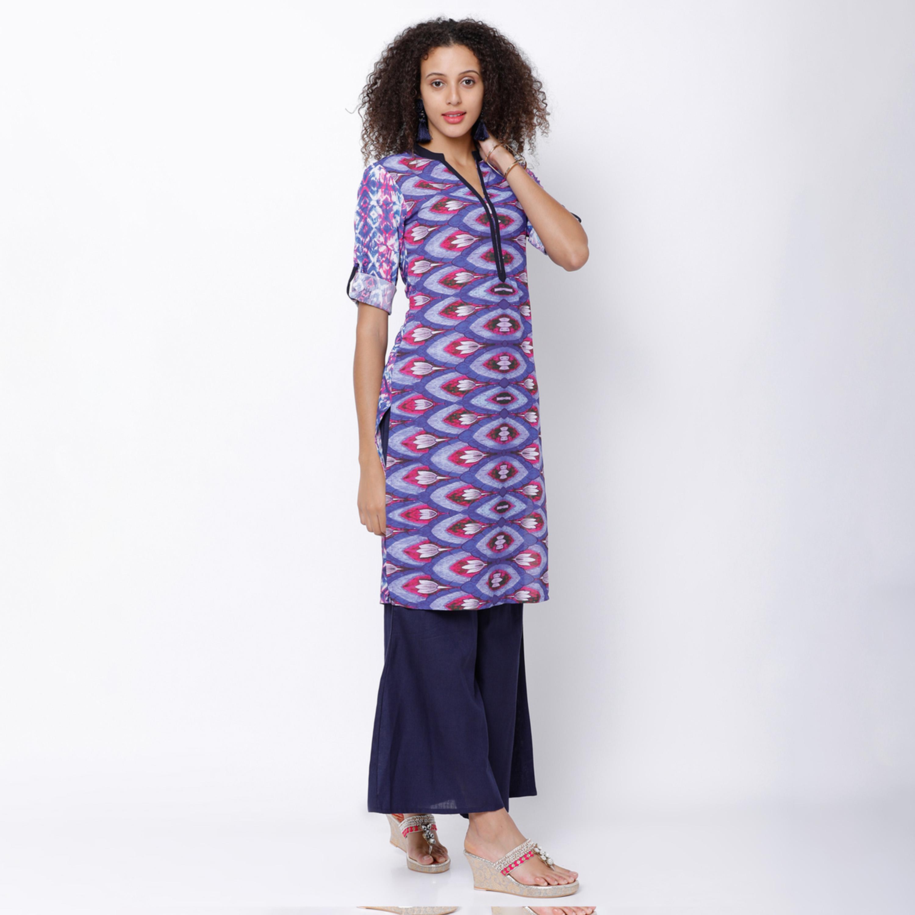 فيشود × ستايلي - كورتا مستقيمة مطبوعة باللونين الأزرق والوردي للنساء-women-clothing-ethnicwear-kurtas-image-4