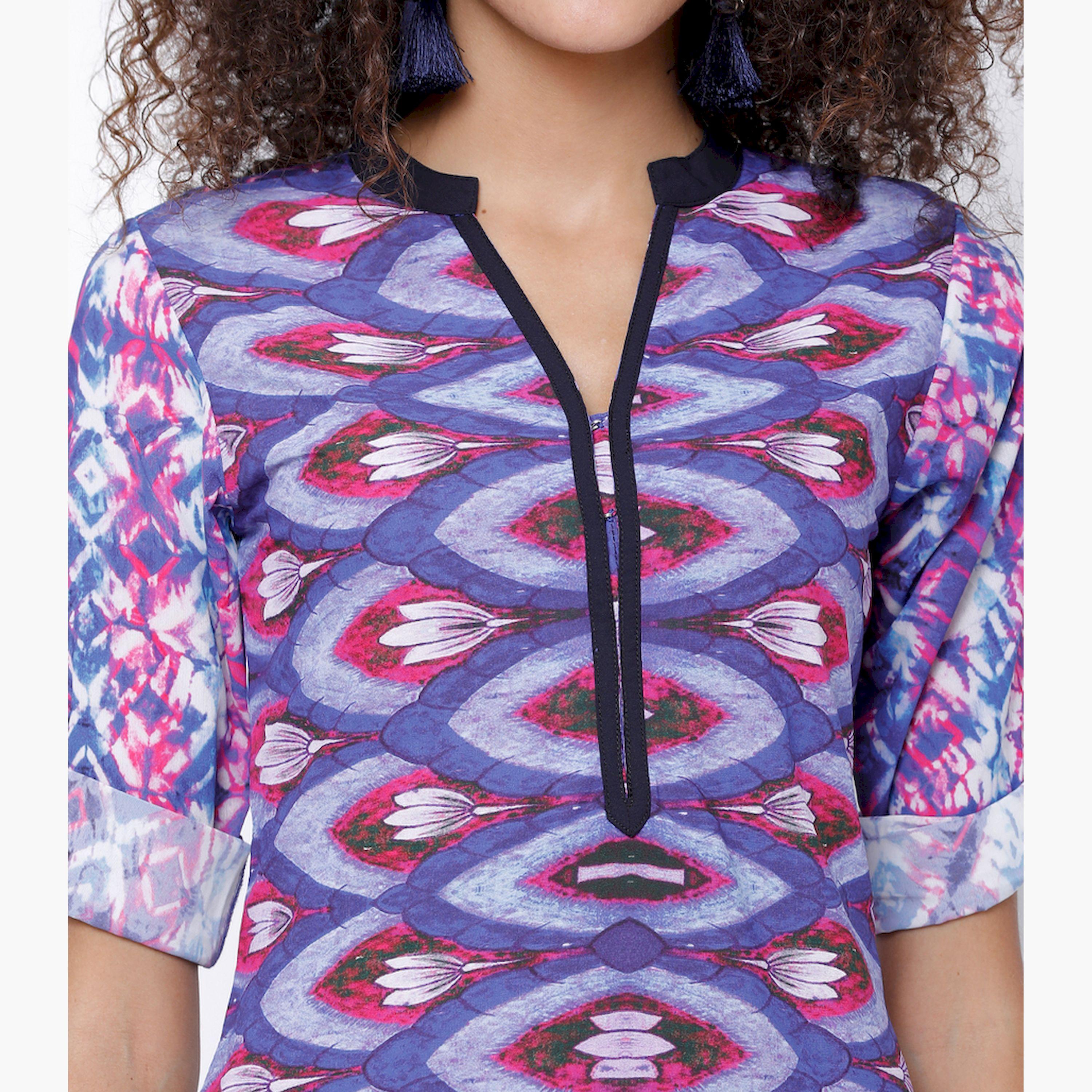 فيشود × ستايلي - كورتا مستقيمة مطبوعة باللونين الأزرق والوردي للنساء-women-clothing-ethnicwear-kurtas-image-5