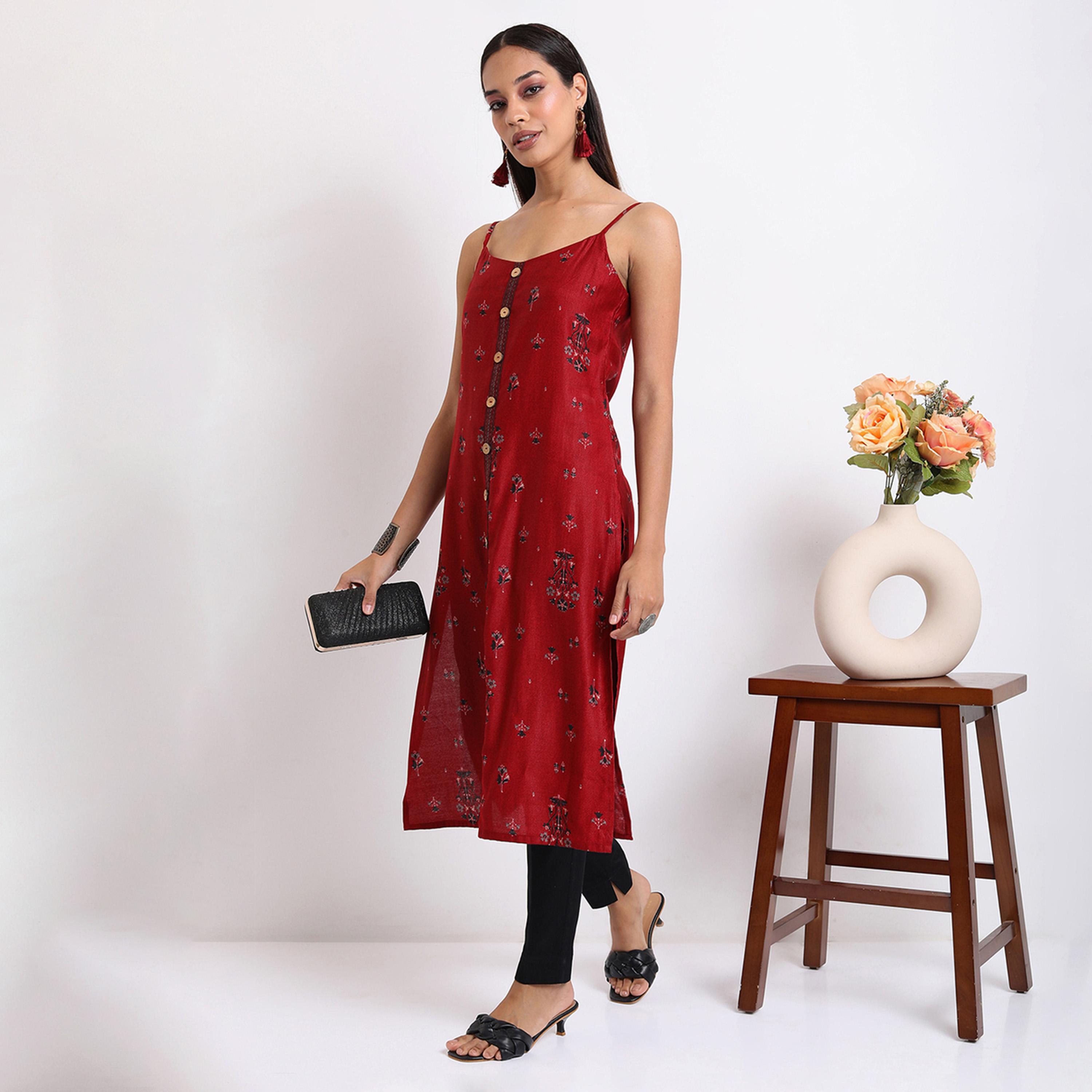 Vishudh X Styli Red & Navy blue Ethnic Printed Shoulder Straps Kurta-women-clothing-ethnicwear-kurtas-image-1