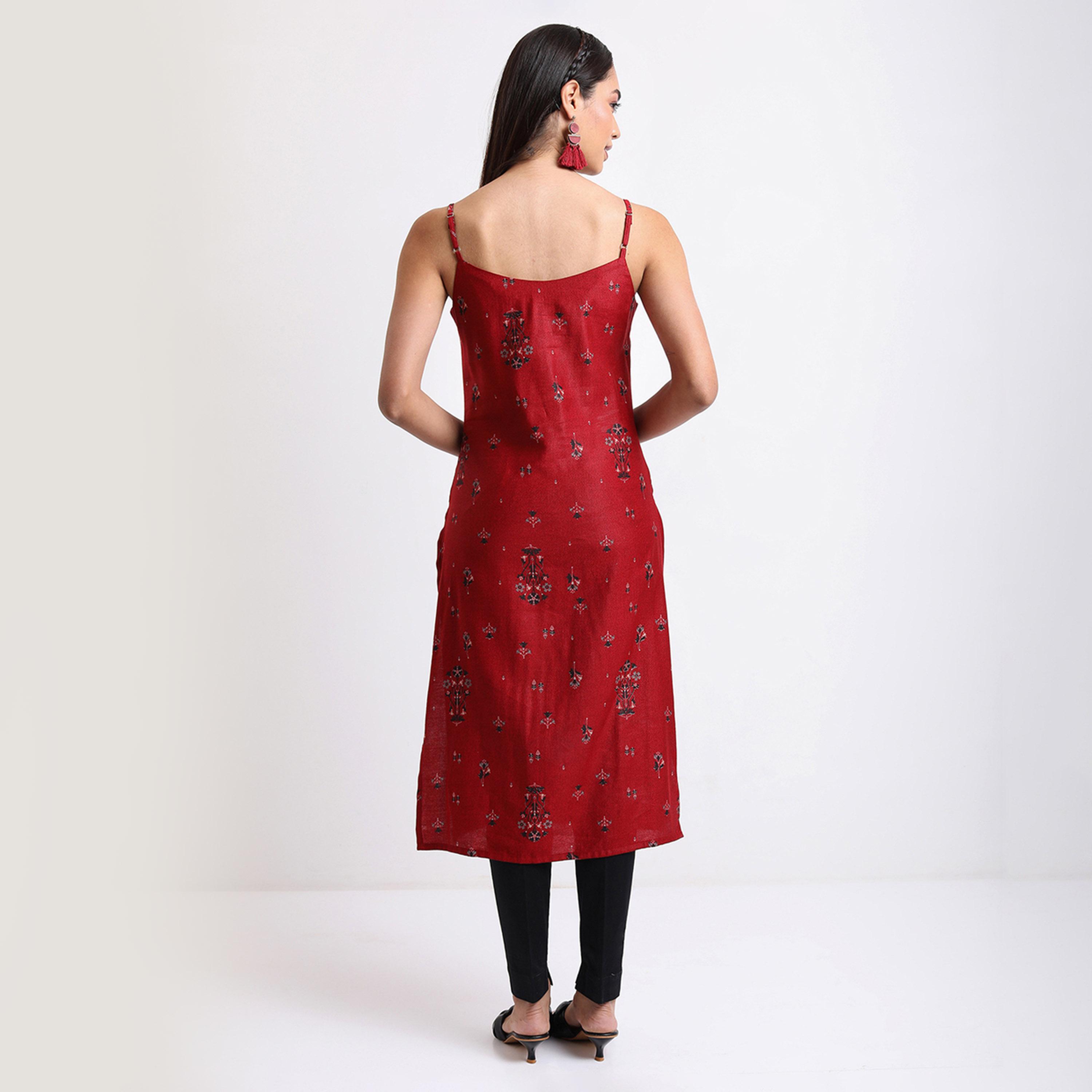 Vishudh X Styli Red & Navy blue Ethnic Printed Shoulder Straps Kurta-women-clothing-ethnicwear-kurtas-image-3